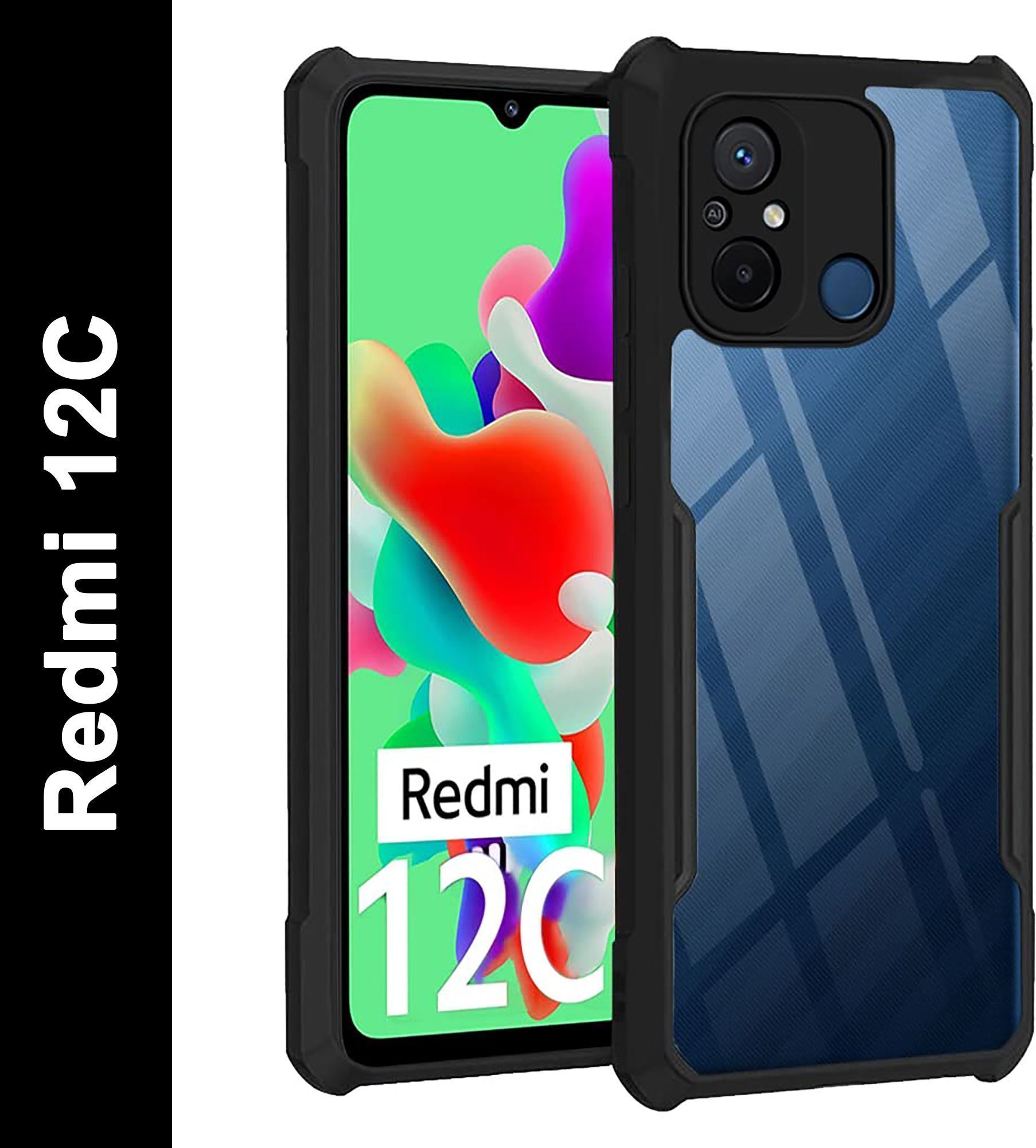 Micvir Back Cover for Redmi 12C (Transparent, Black, Shock Proof, Polycarbonate, Pack of: 1)