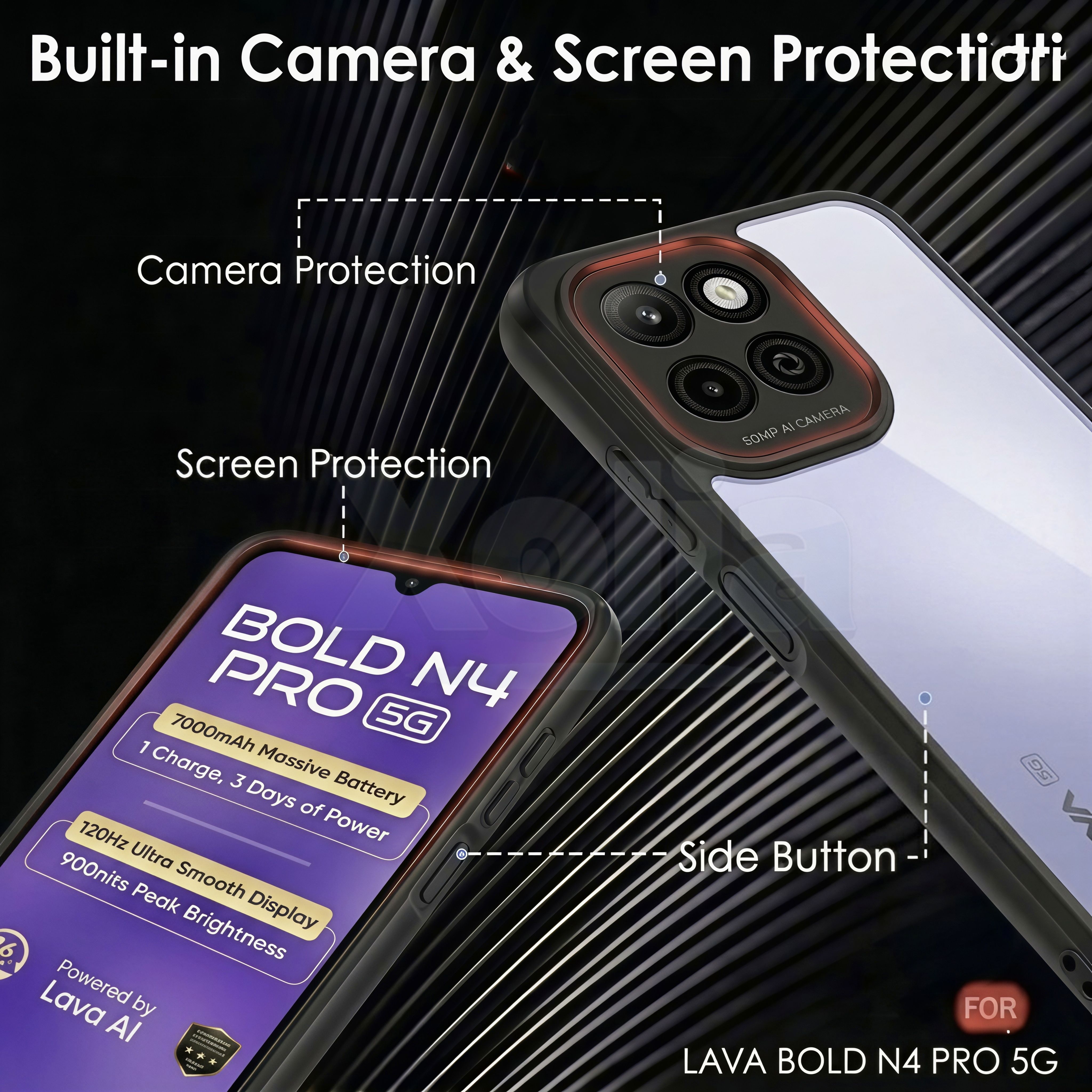 Xolia Back Cover for Lava Bold N4 Pro 5G (Transparent, Black, Shock Proof, Plastic, Silicon, Pack of: 1) — image 3 of 4