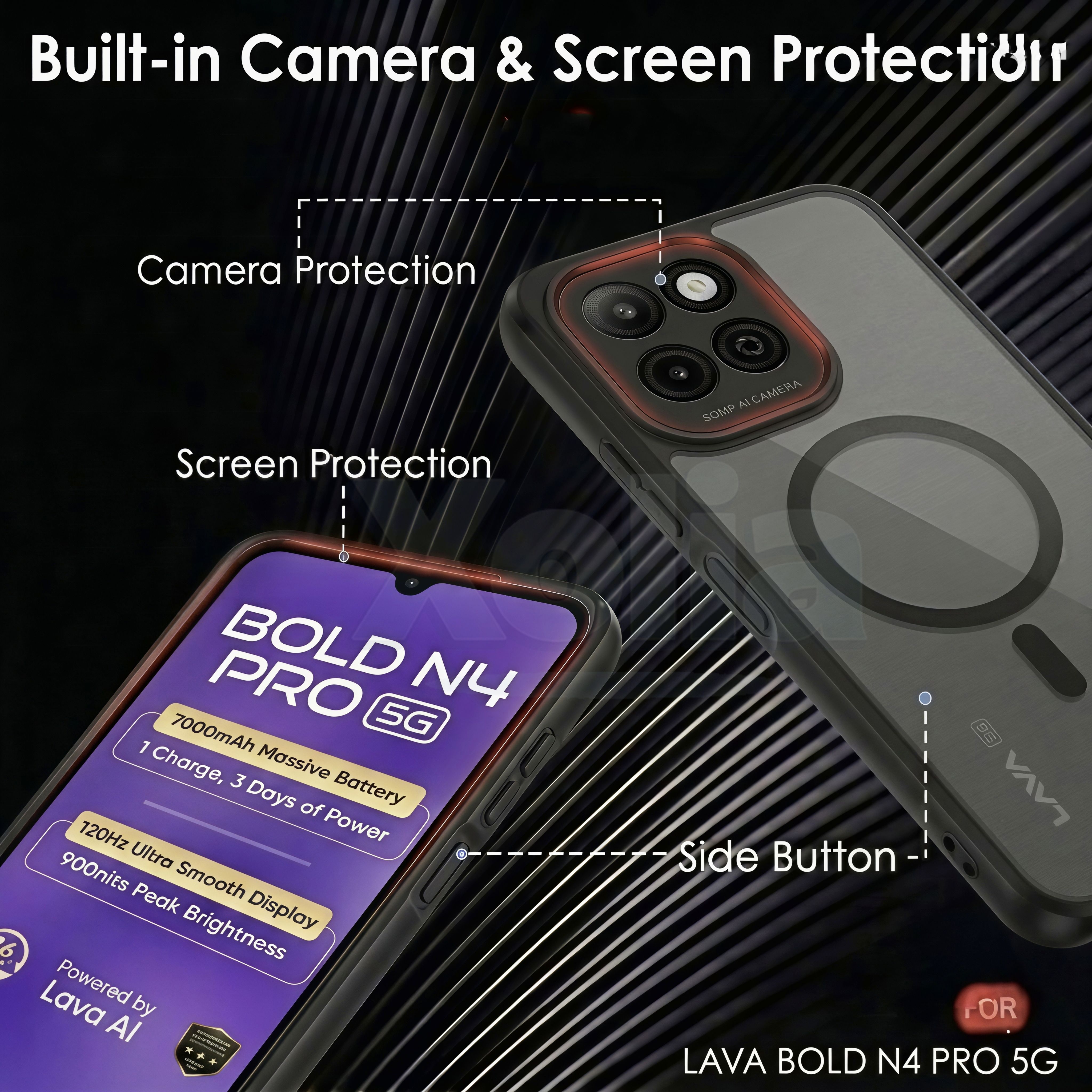 Xolia Back Cover for Lava Bold N4 Pro 5G (Black, Shock Proof, Polycarbonate, Silicon, Pack of: 1) — image 3 of 4