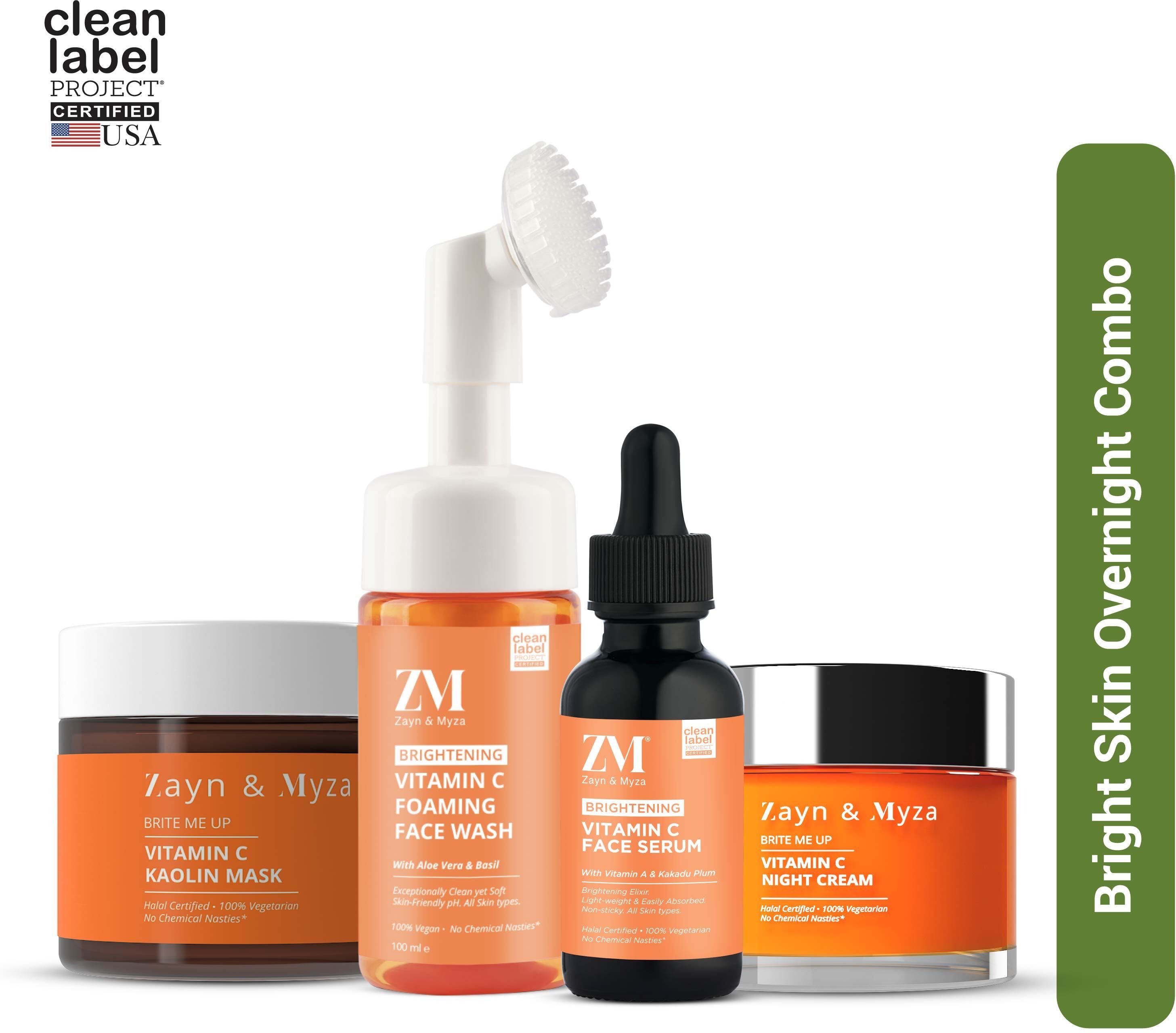 ZM Zayn & Myza Vitamin C Skin Care Combo for Brightening - Foaming Face Wash, Vitamin C Kaolin Mask, Vitamin C Face Serum & Vitamin C Night Cream | For Rejuvenated & Glowing skin | Fades Dark Spots | Paraben & Sulphate Free | For All Skin Types