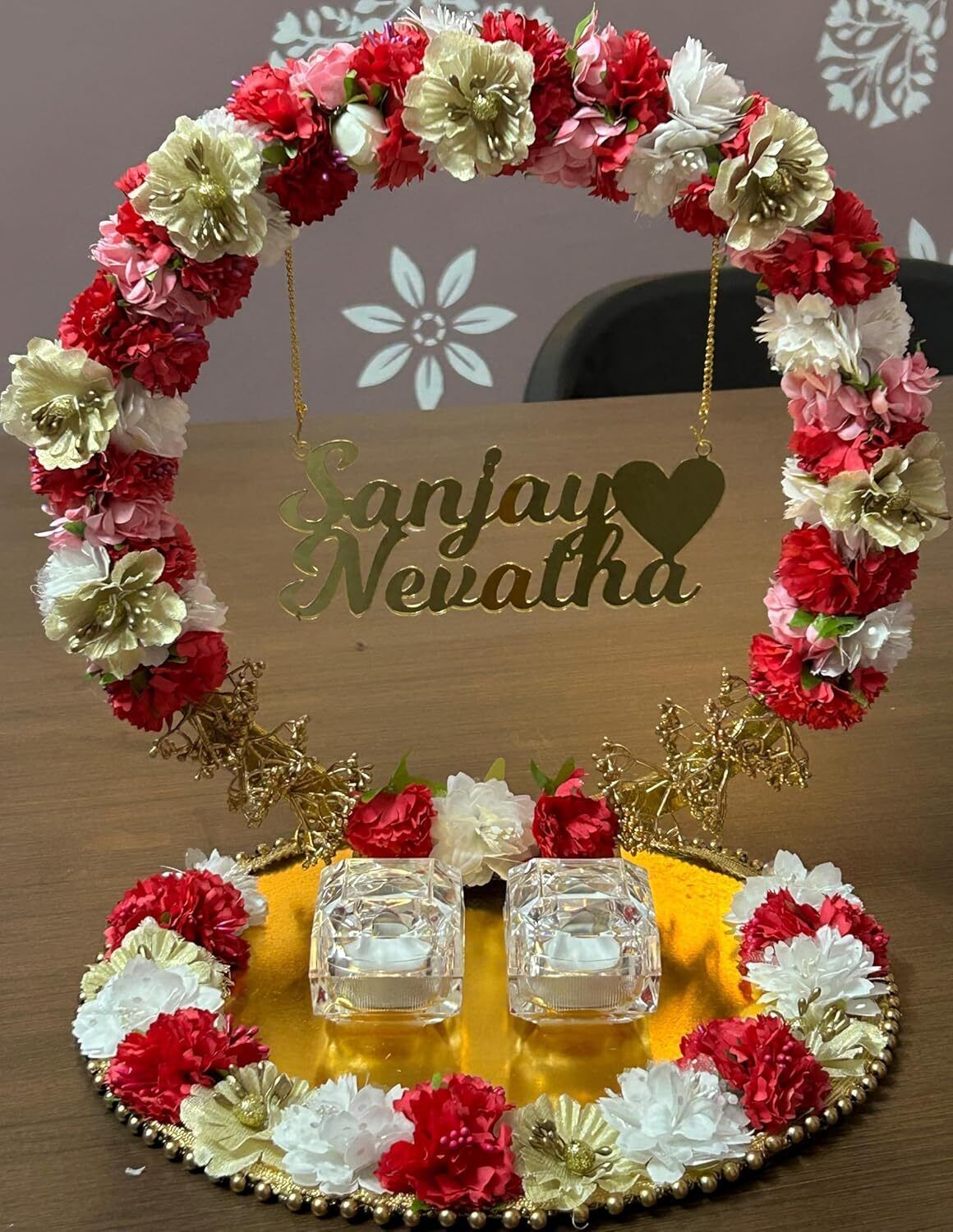 Mridang Designer Pink White Floral Theme with White Base ring platter