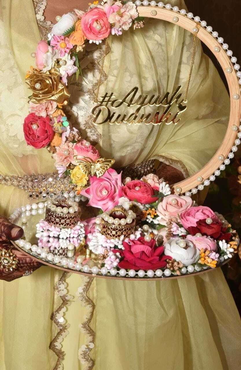 Mridang designer wedding engagement ring platter with acrylic name of groom & bride (anniversary/engagement/wedding ring platter/Decorative Tray/Marriage Decor)- 9x9x7 INCH