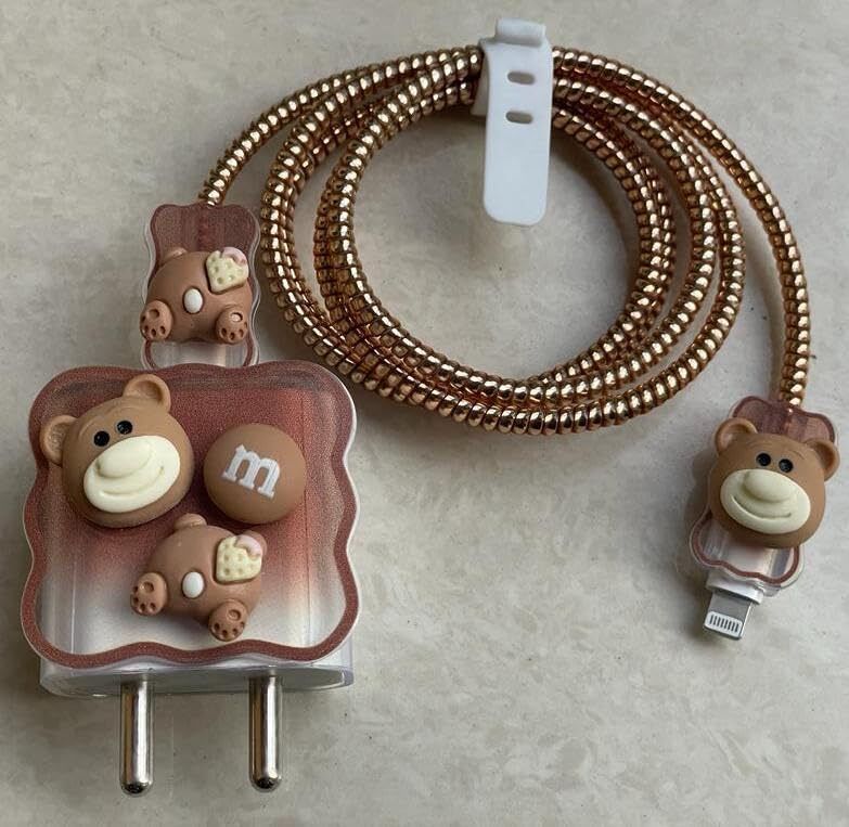 Micvir Charger Cover for Samsung 25W Charger, 3D Cartoon Design Cat M Brown, Spiral Cable Protector (Brown)