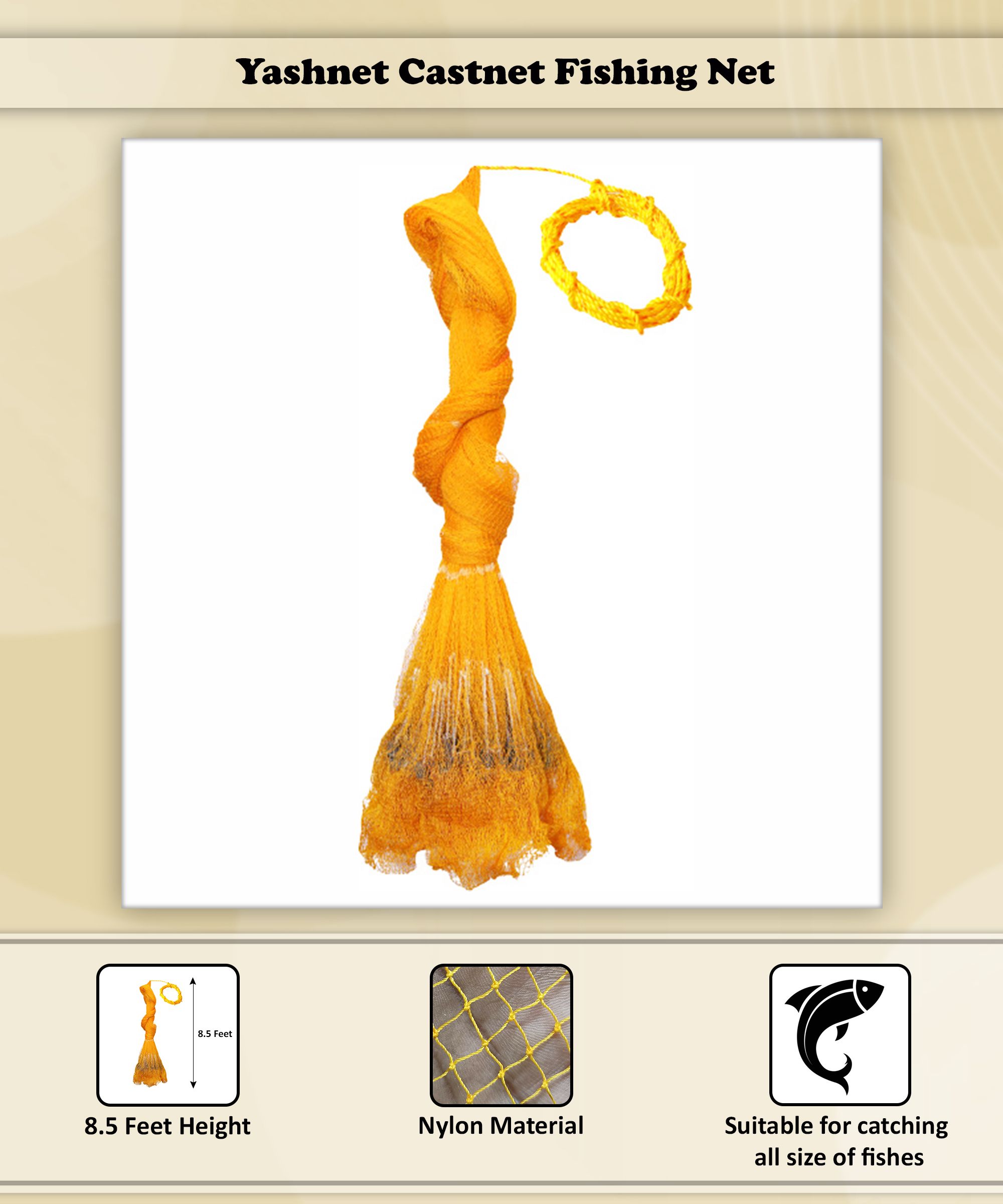 YASHNET CASTNET 8.5 FEET HEIGHT 3KG WEIGHT 16MM THREADS NYLON NO1 Fishing Net (Orange) — photo 1