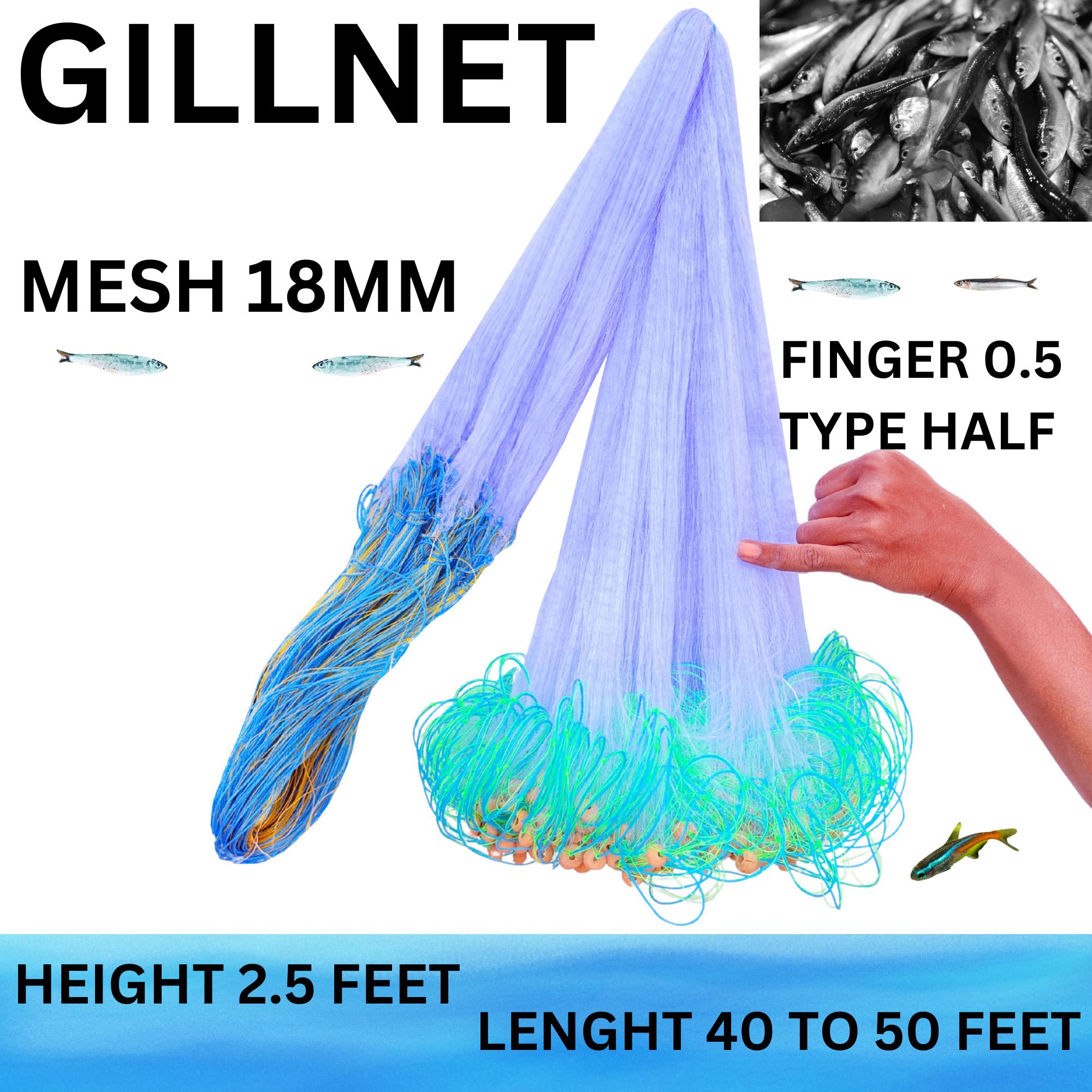 NETKING Half Finger Twine 8-18mm Mesh Fishing Gillnet 3ft Height 50ft Clay Sinkers Net Fishing Net (Multicolor) — photo 1