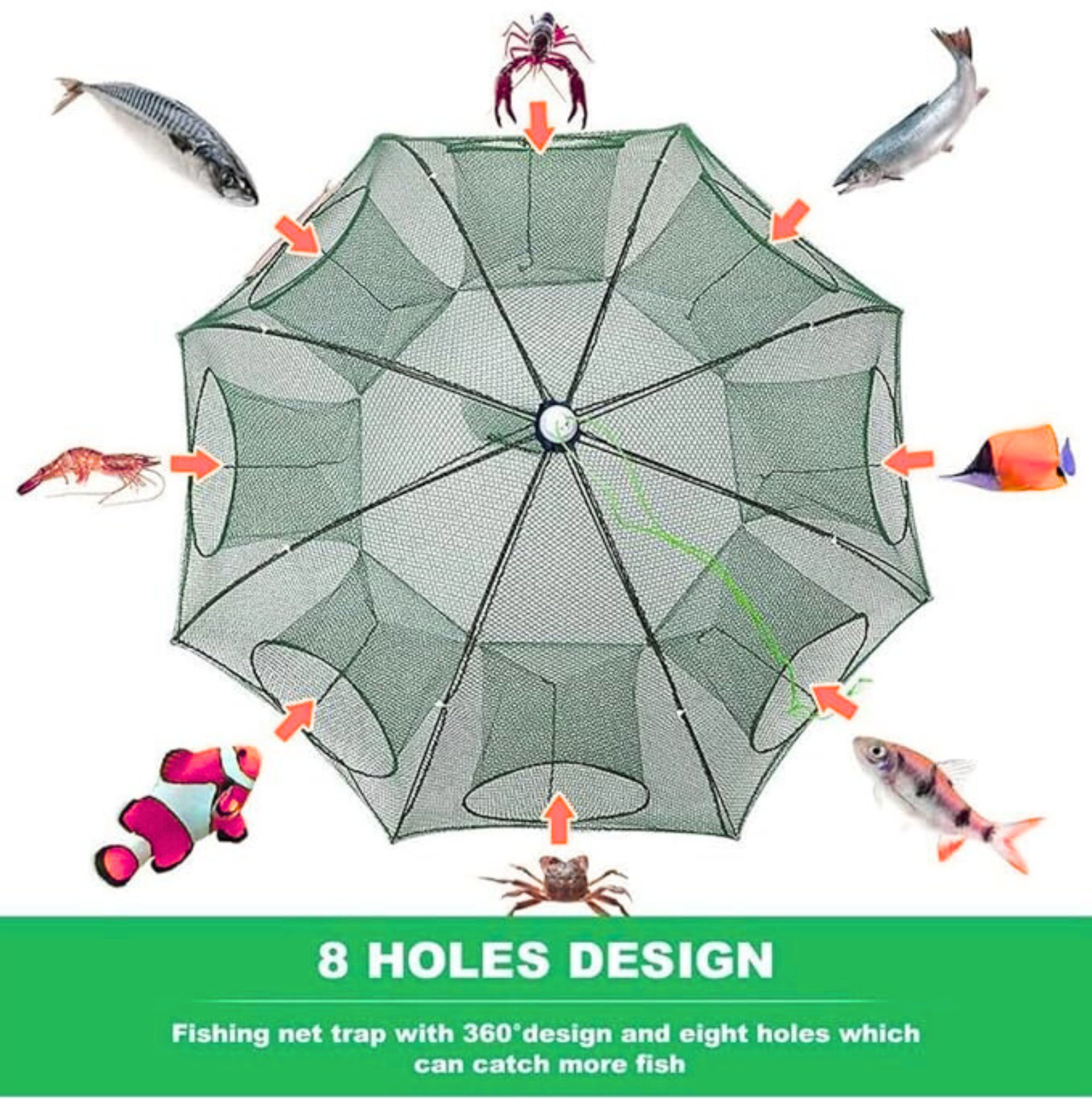 YASHNET Umbrella Fishing Net 8 Pocket Fish Trap Hole | 6mm Mesh Underwater Bait Net Fishing Net (Green) — photo 1