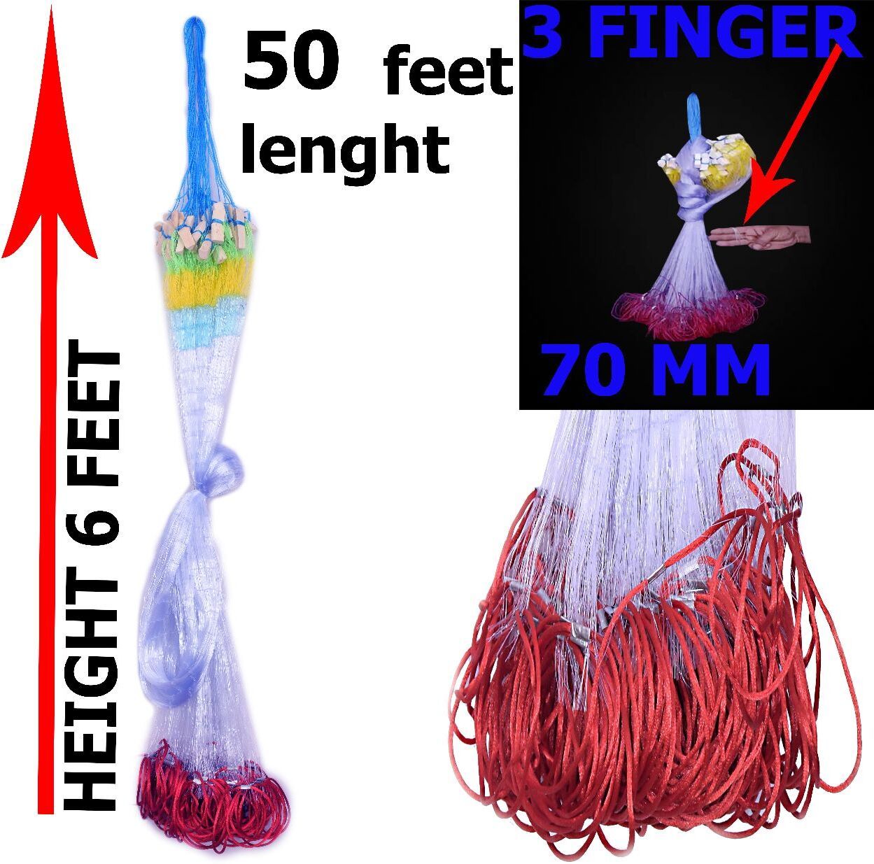YASHNET 3 FINGER GILLNET 70MM DORI SHISHAJAAL Fishing Net (Multicolor) — photo 1