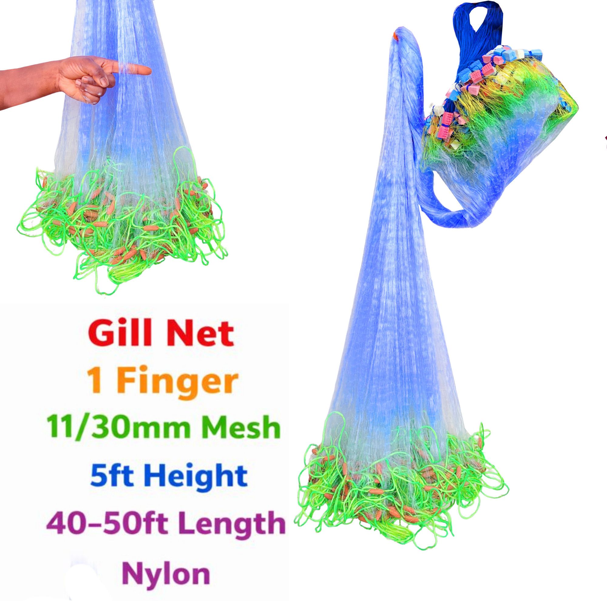 YASHNET Gill Net 1 Finger 11/30mm Mesh | 5ft Height | 40–50ft Length | Nylon Fishing Net (Multicolor) — photo 1