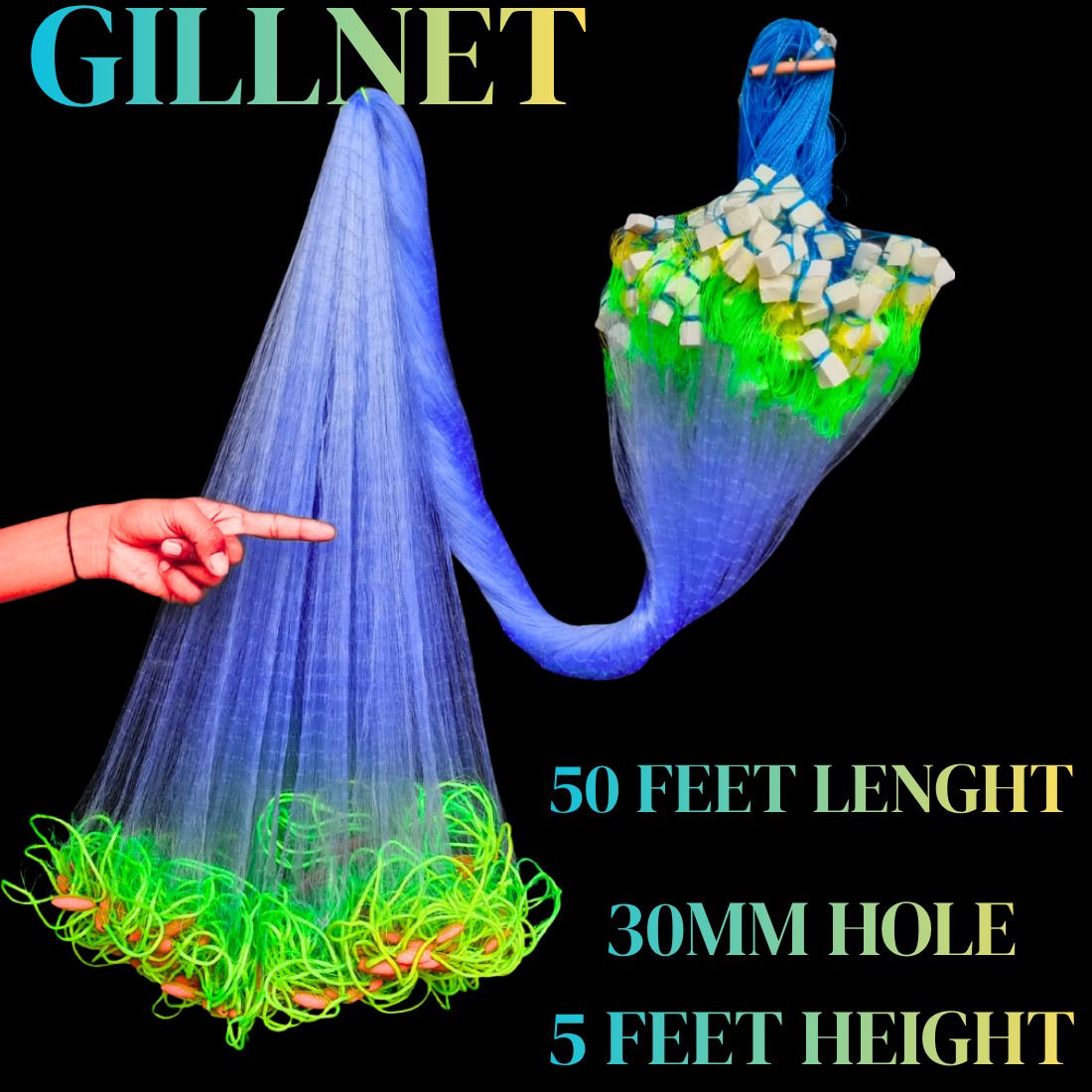 YASHNET 1 FINGER GILLNET 25MM HOLE SIZE 50TO60 FEET LENGTH Fishing Net (Blue) — photo 1