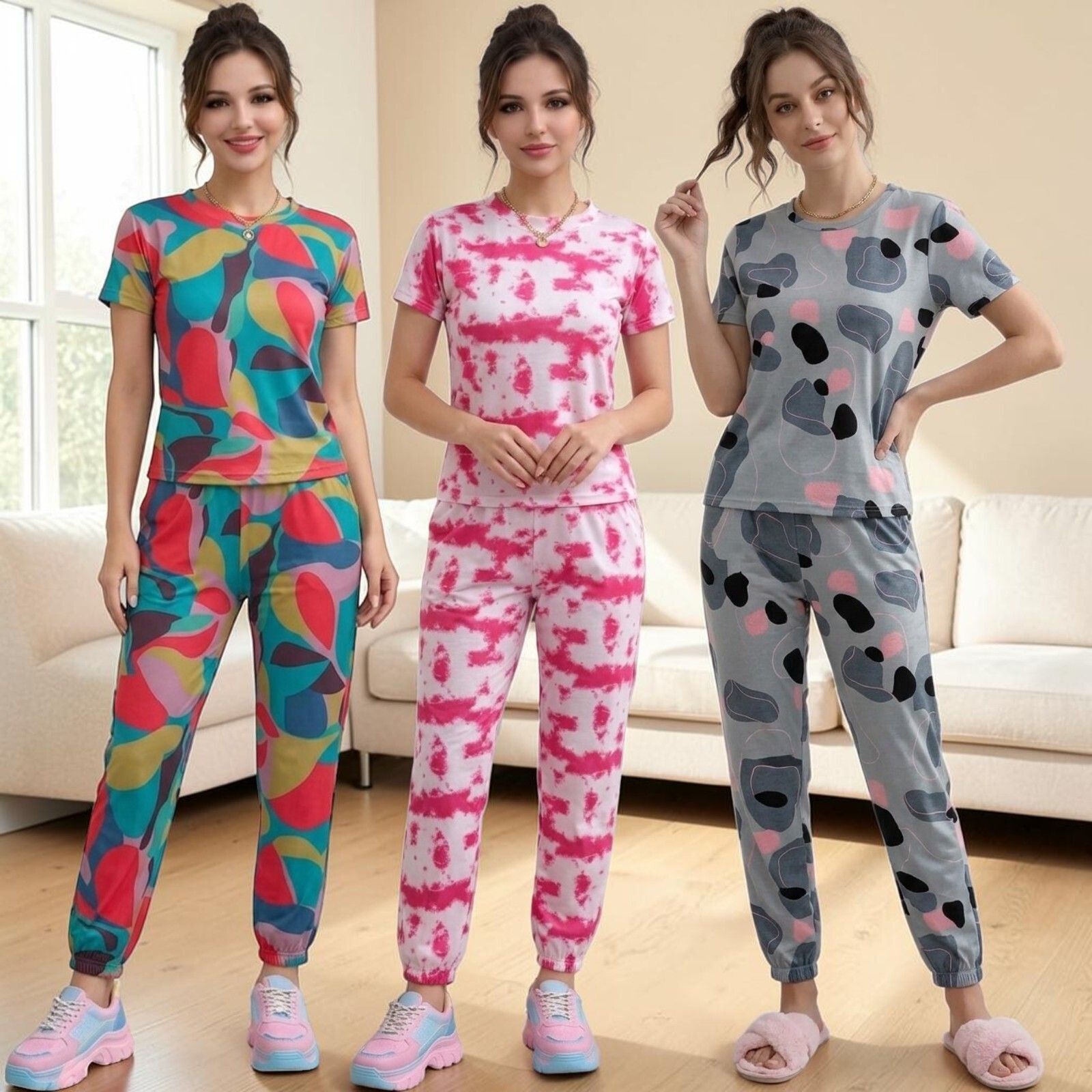 Women's Night Suit - pink white multi Grey