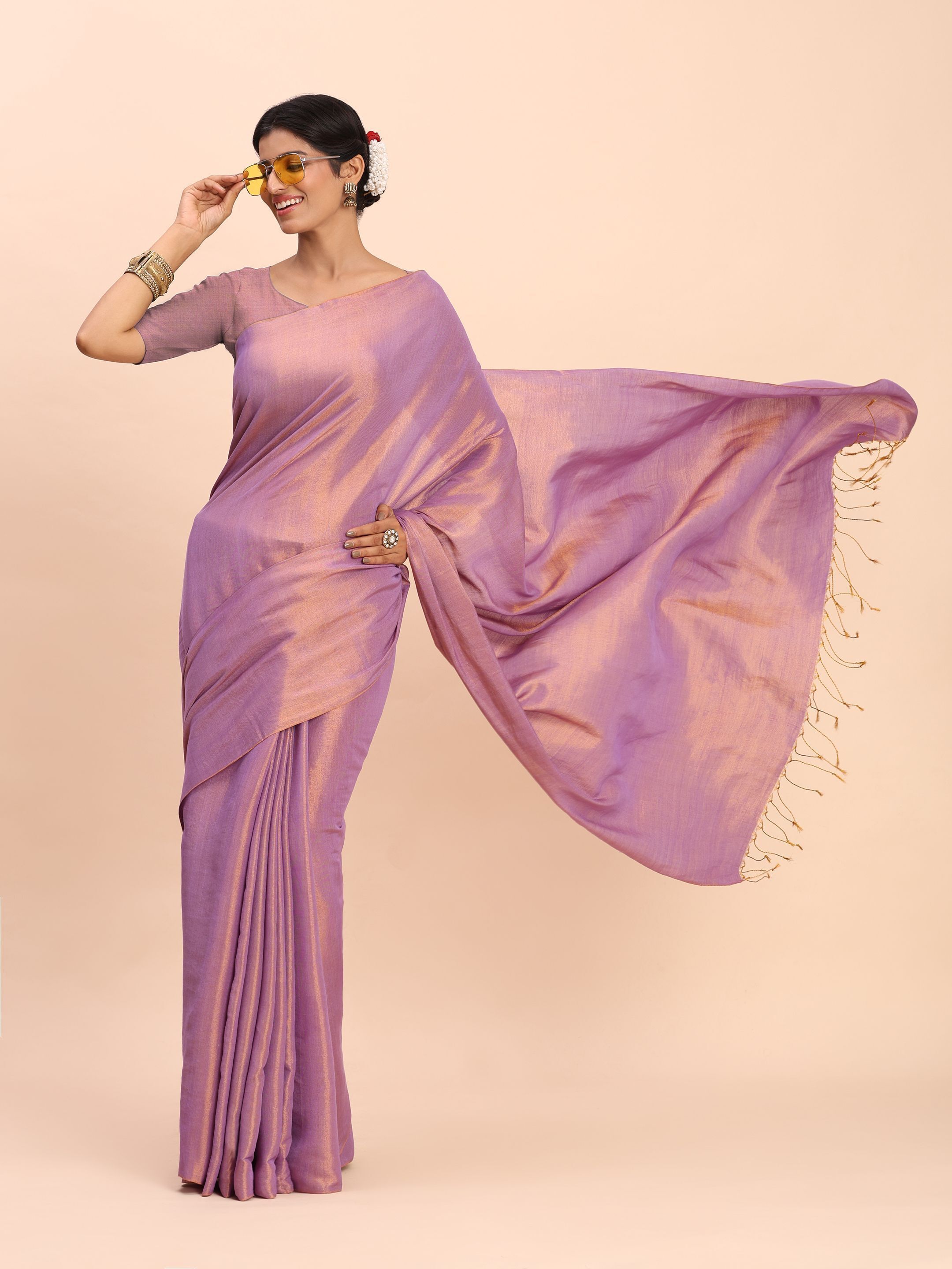 Lavender & Gold Handloom Cotton Tissue Saree for Women