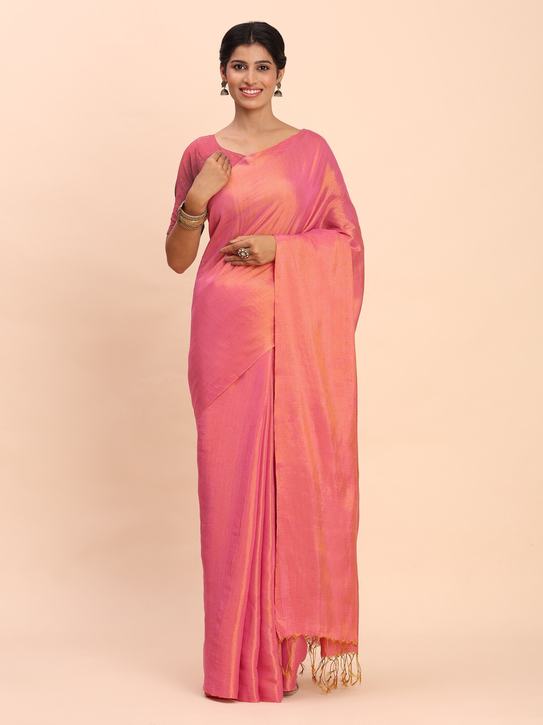Rani Pink & Gold Handloom Tissue Saree for Women with Matching Blouse