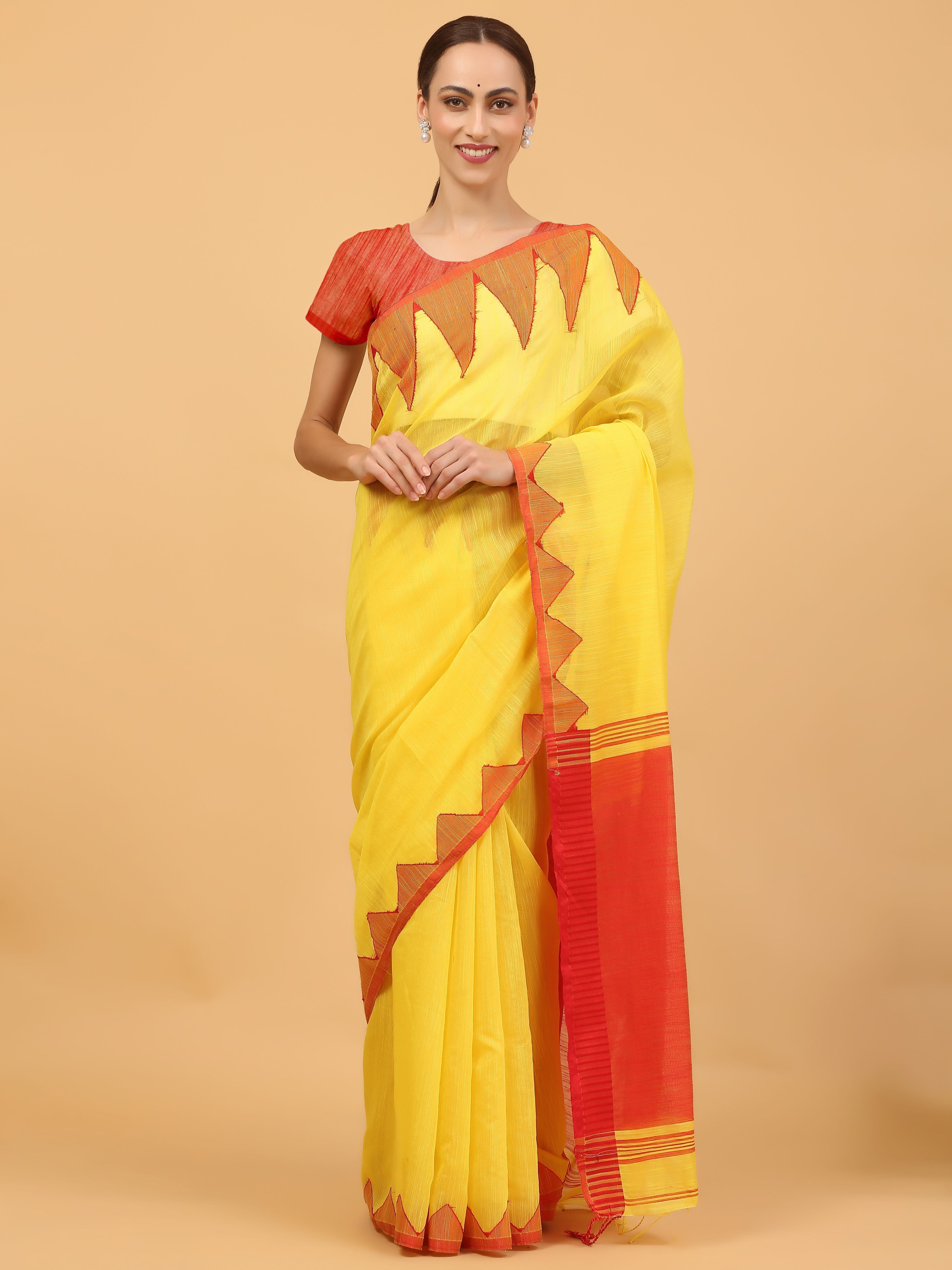 Yellow Cotton Saree with Red Border & Pallu | Handloom Soft Cotton