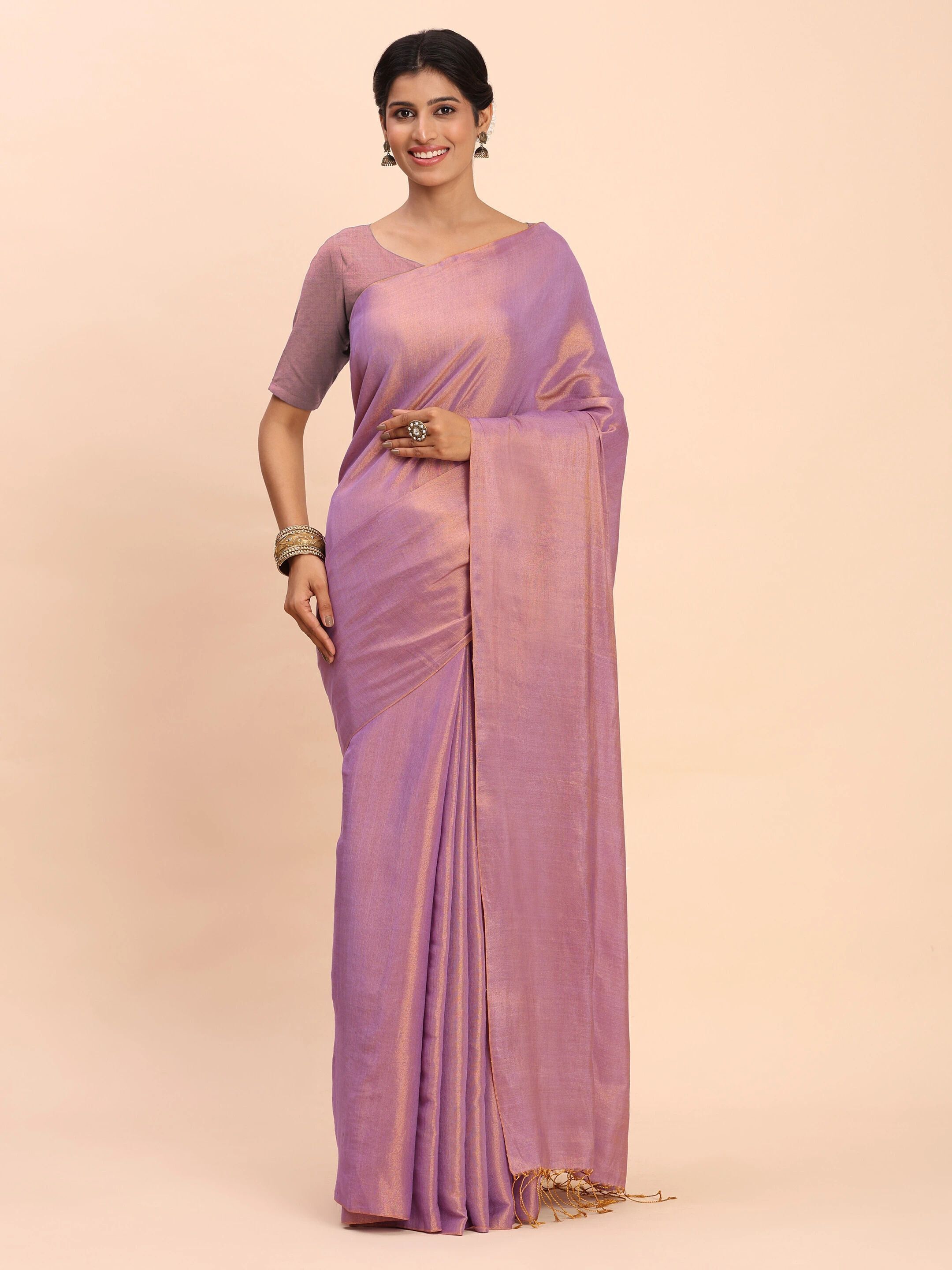Elegant Lavender Handloom Cotton Tissue Saree with Gold Undertone
