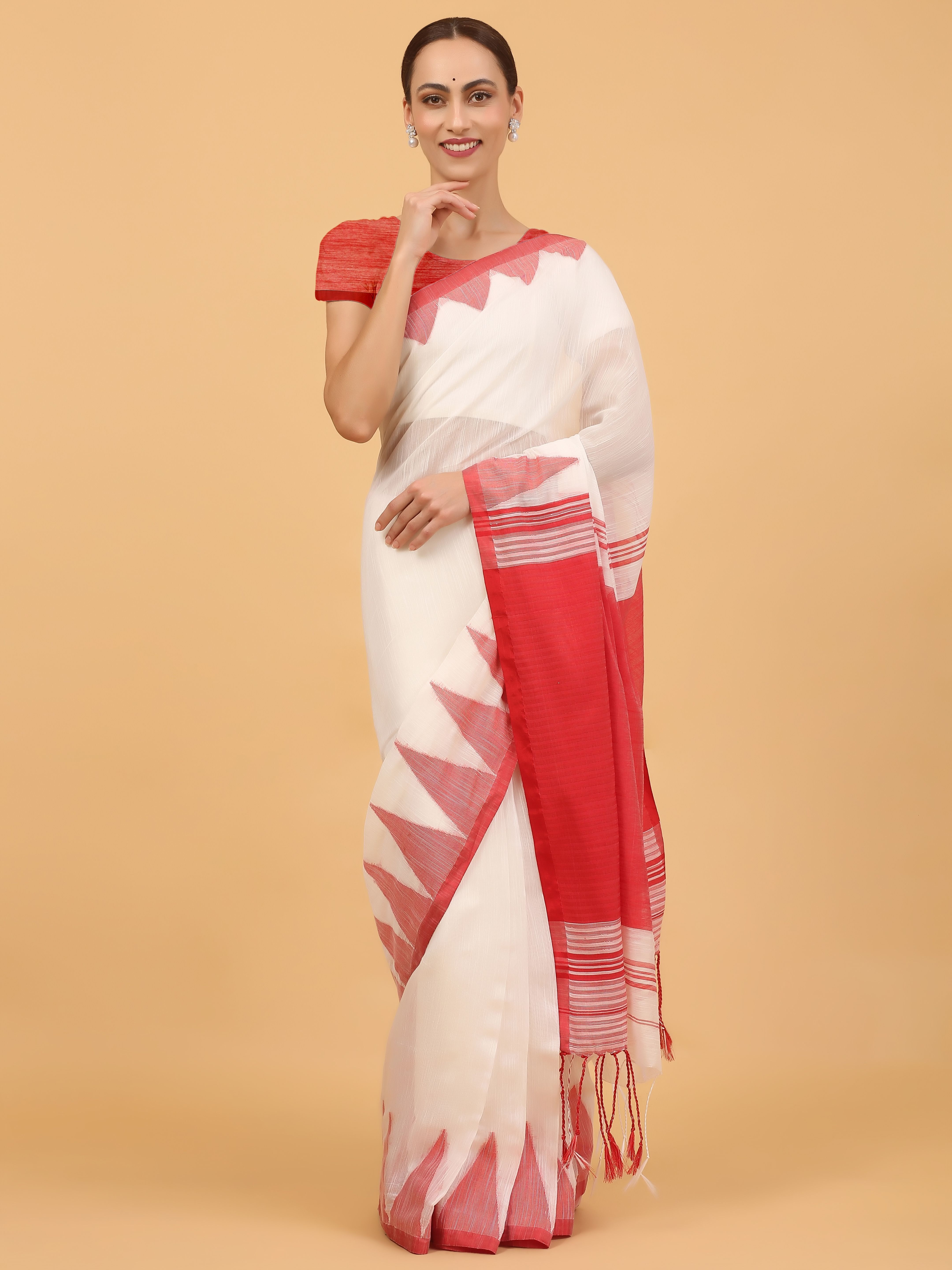 Elegant White Cotton Saree with Red Border & Pallu | Handloom