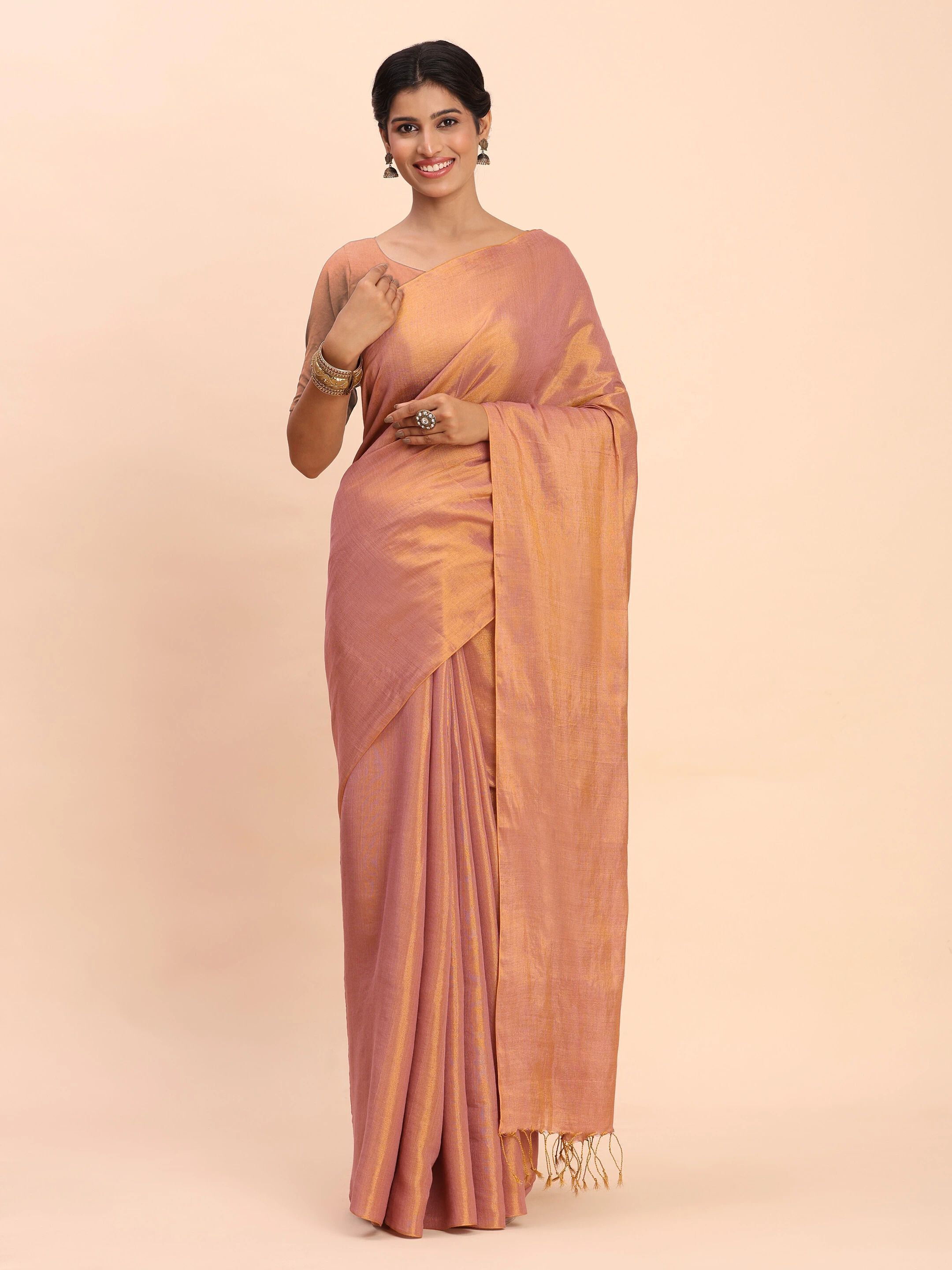 Rose Gold & Gold Dual-Tone Handloom Cotton Tissue Saree