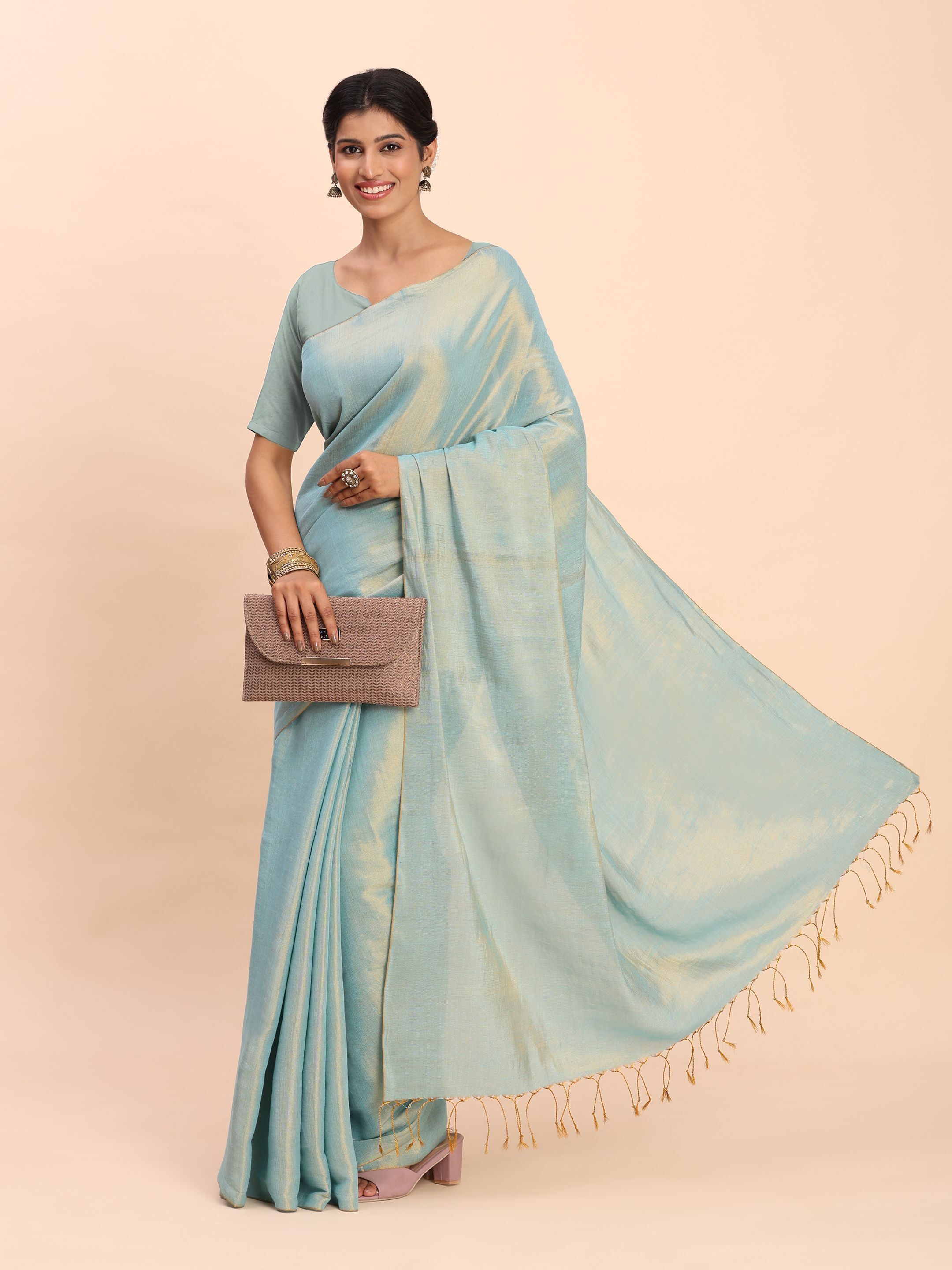 Sea Green & Gold Handloom Cotton Tissue Saree | Lightweight Dual-Tone