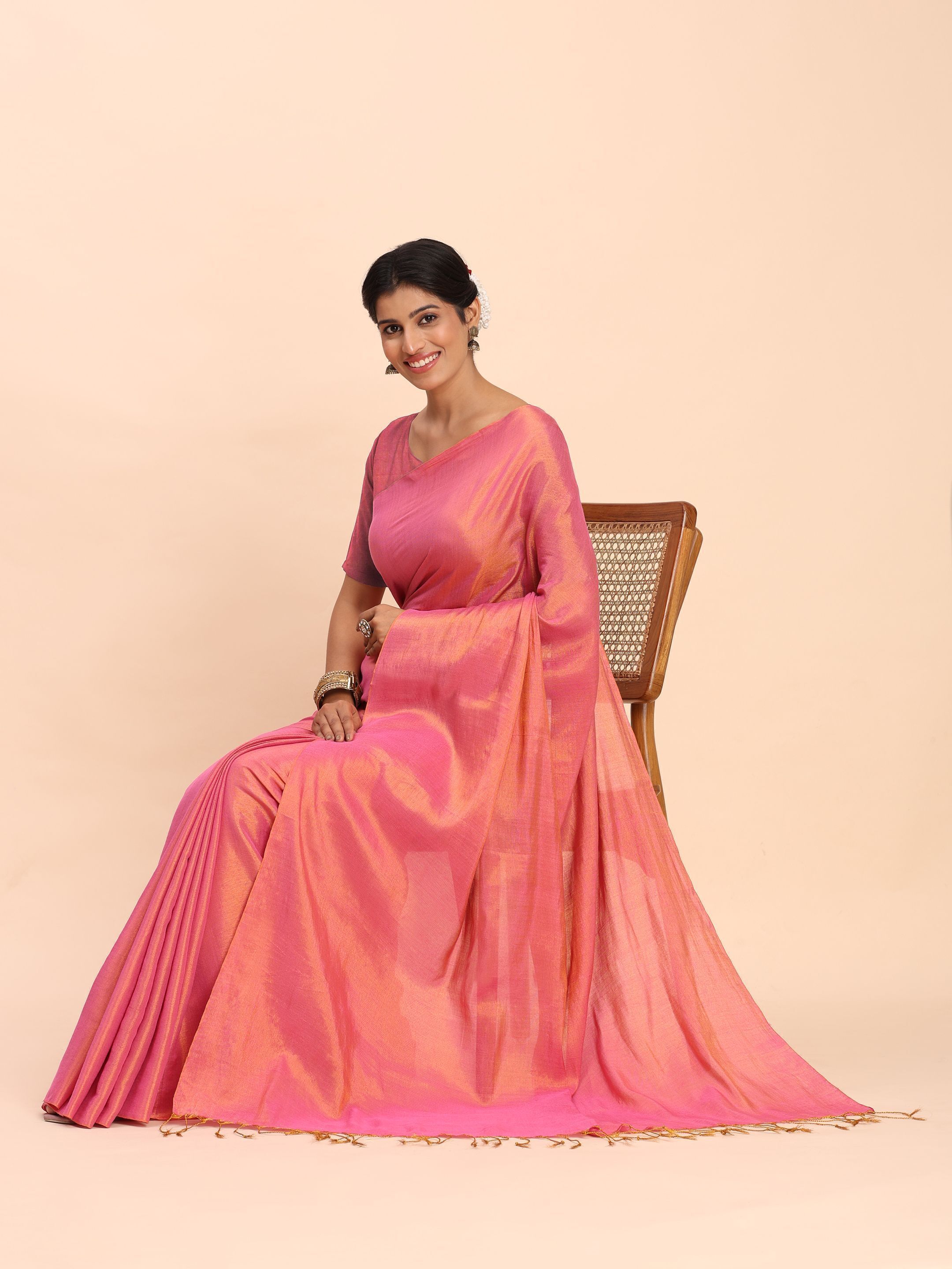 Rani Pink & Gold Handloom Cotton Tissue Saree for Women