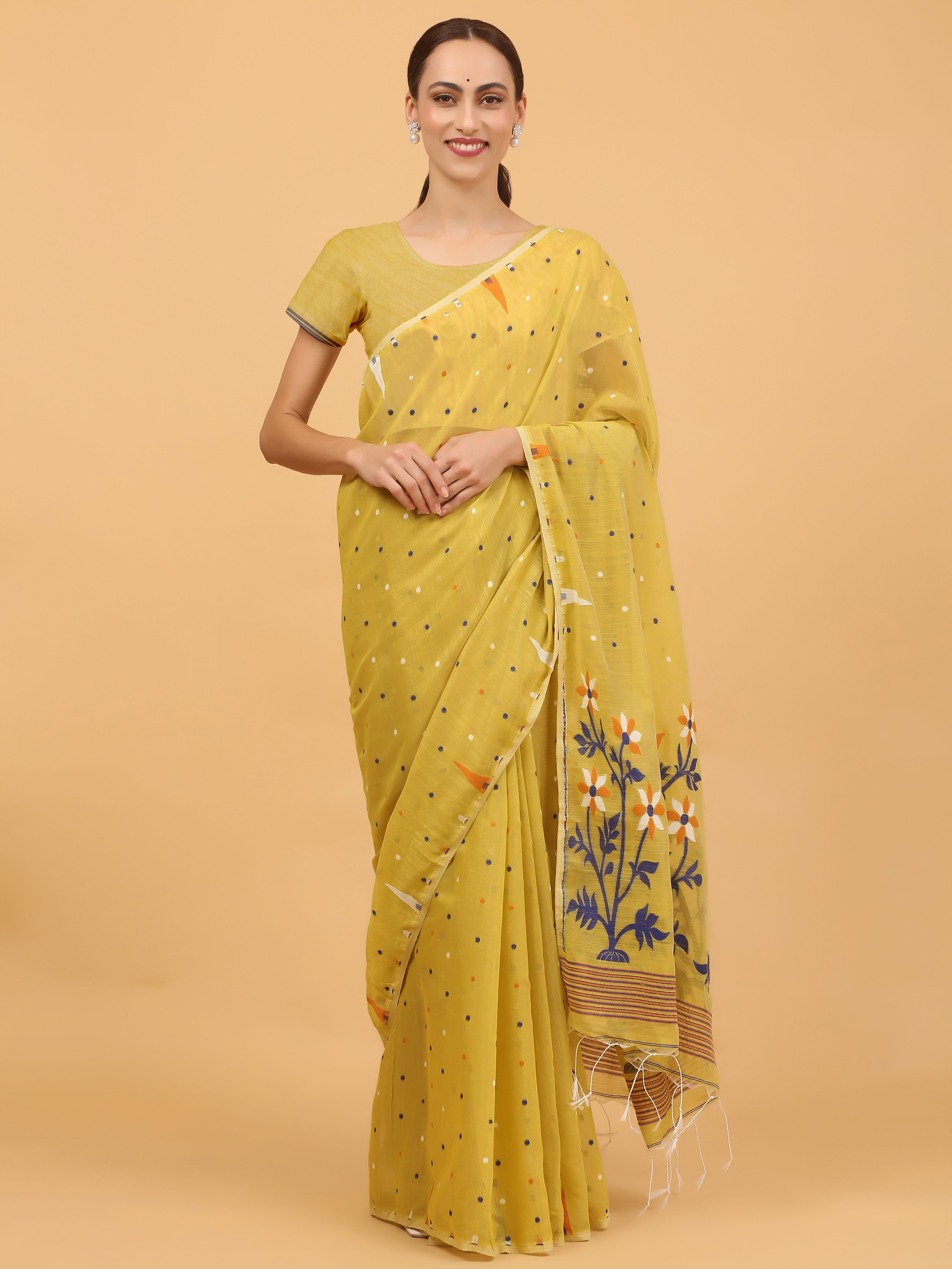Mustard Yellow Jamdani Cotton Saree with Polka Dots & Floral Pallu