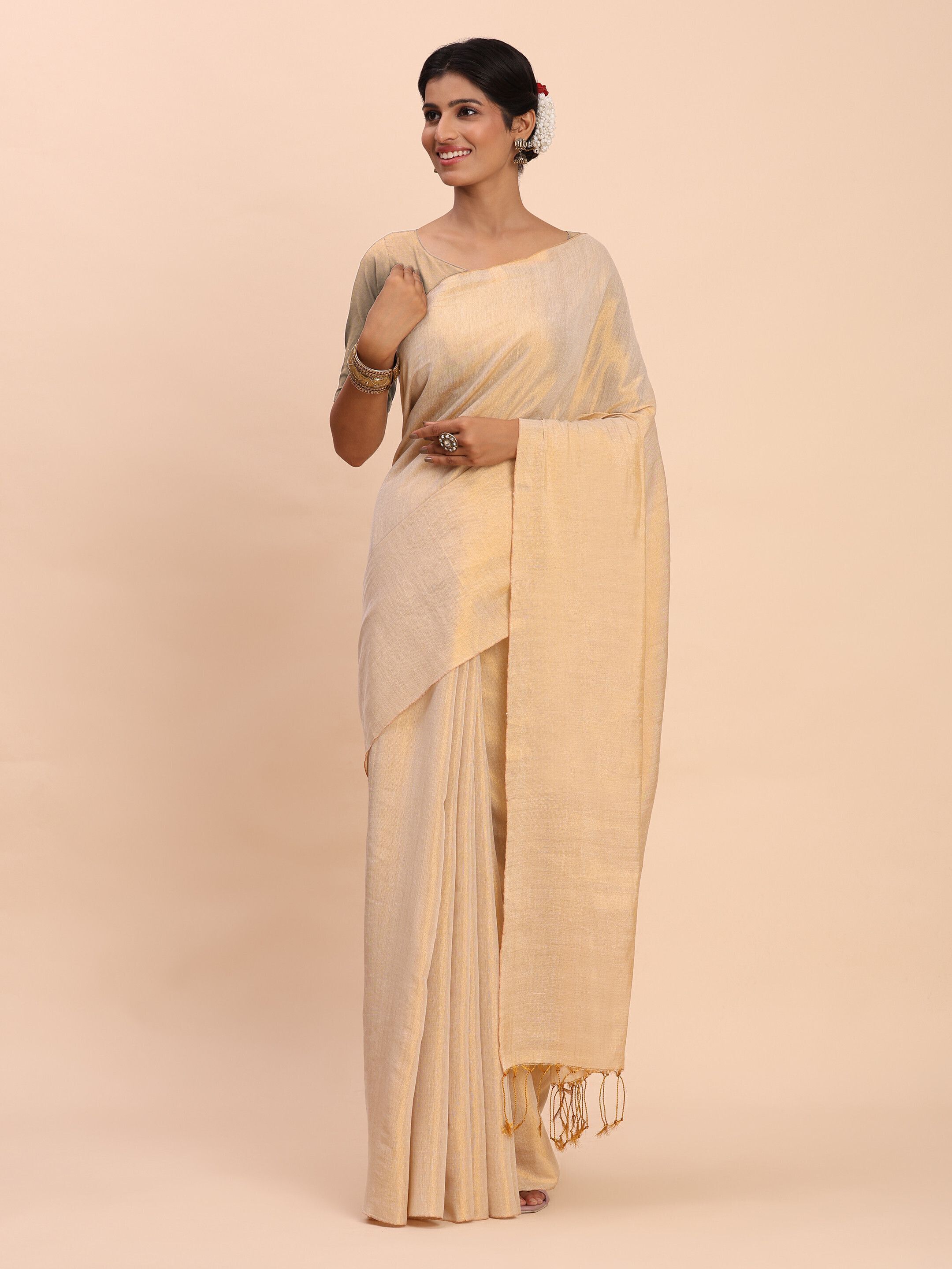 Cream & Gold Dual-Tone Handloom Cotton Tissue Saree for Women