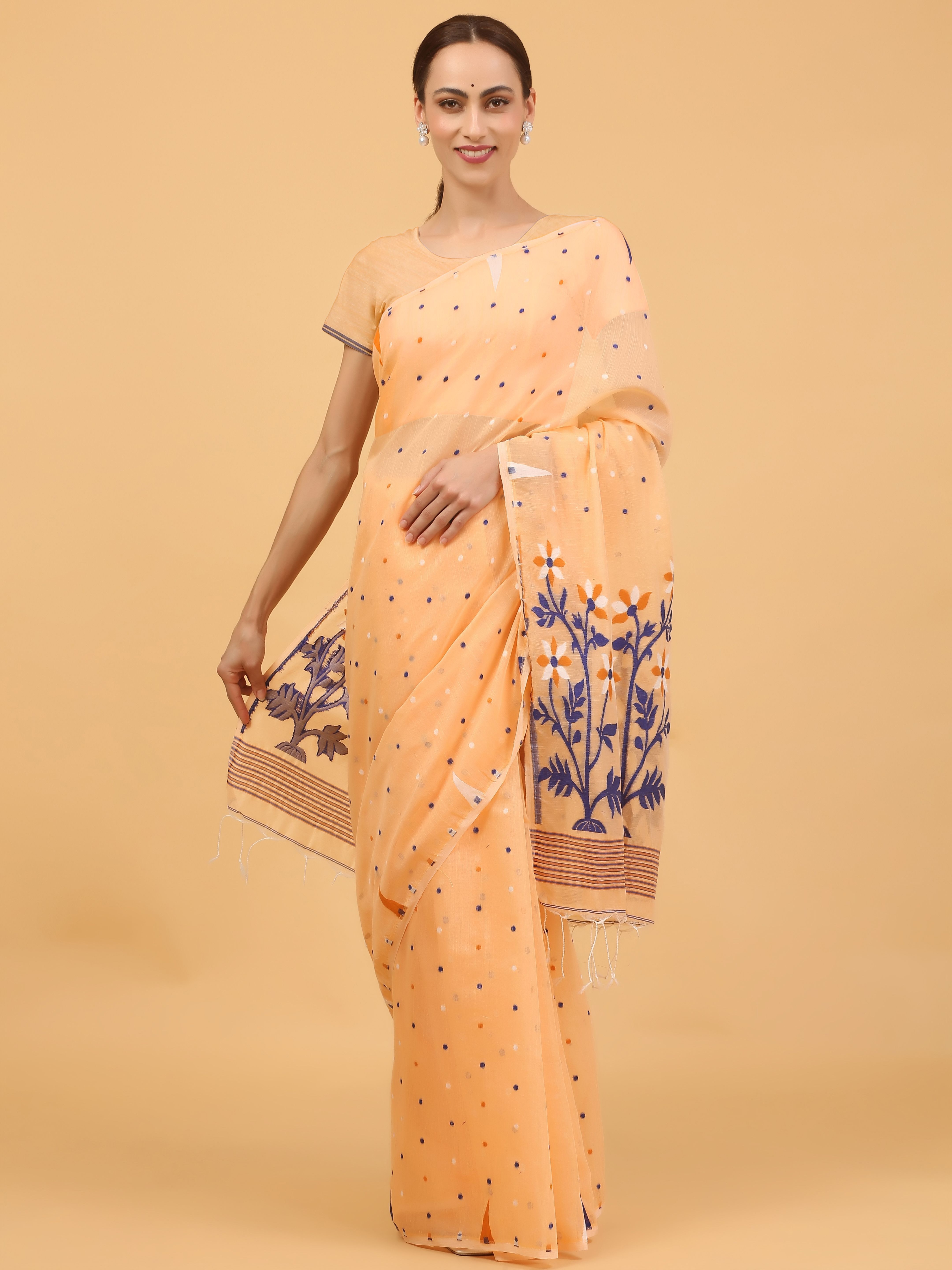 Peach Cotton Soft Jamdani Saree for Women | Handwoven Polka Dots