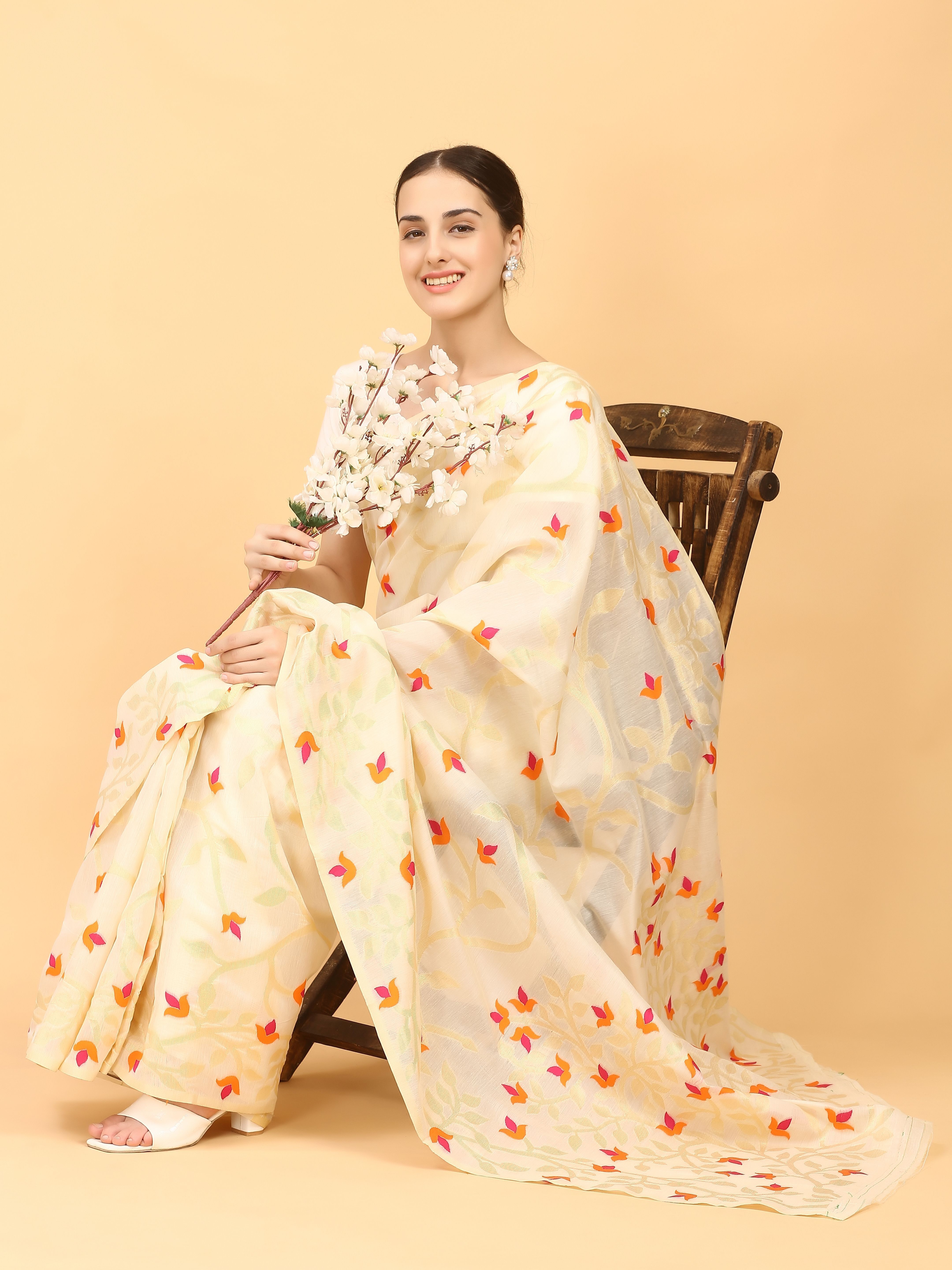 Cotton Silk Saree with Multicolor Floral Motifs & Matching Blouse
