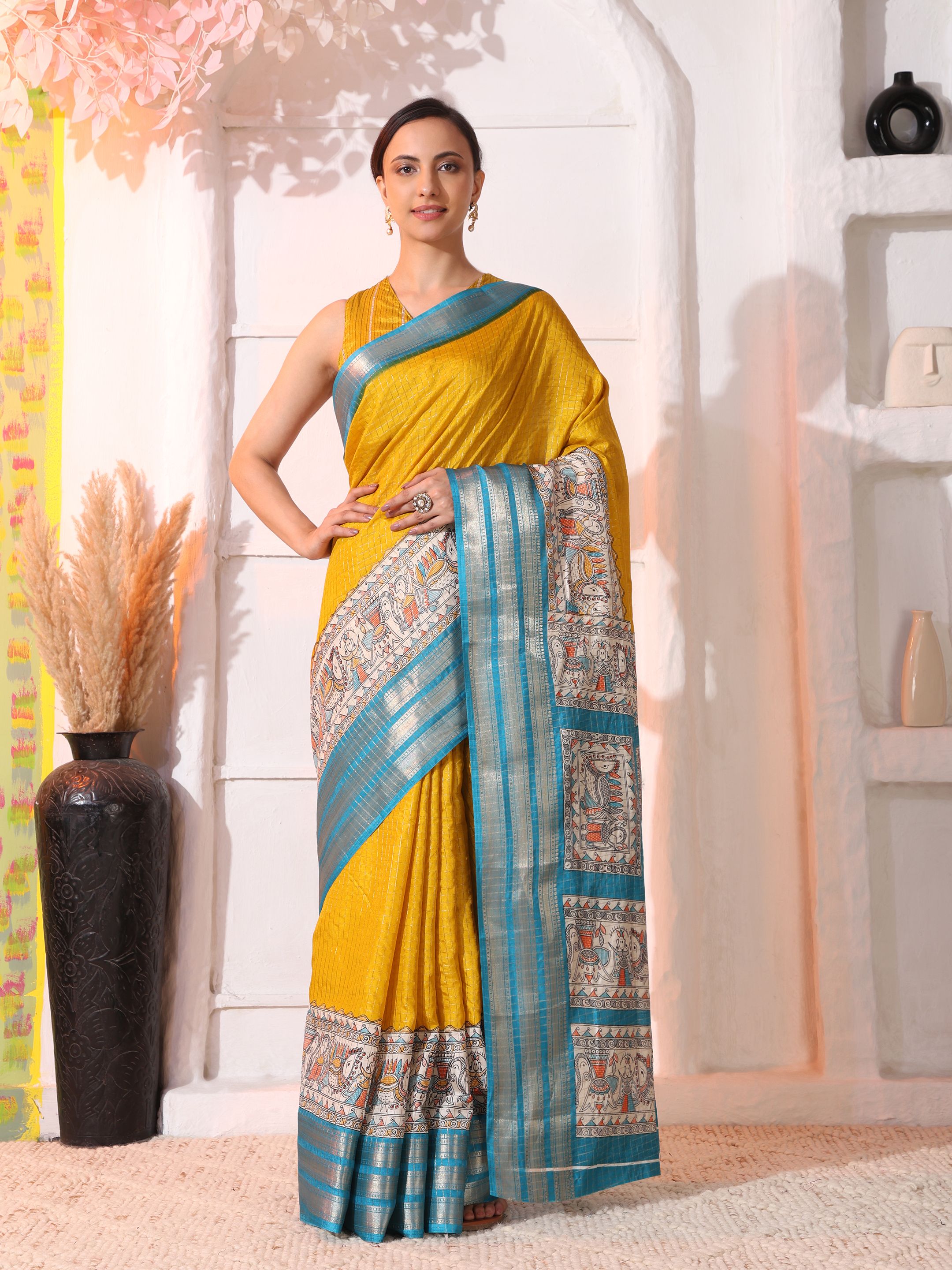 Women’s Tussar Blend Madhubani Printed Saree with Zari Border