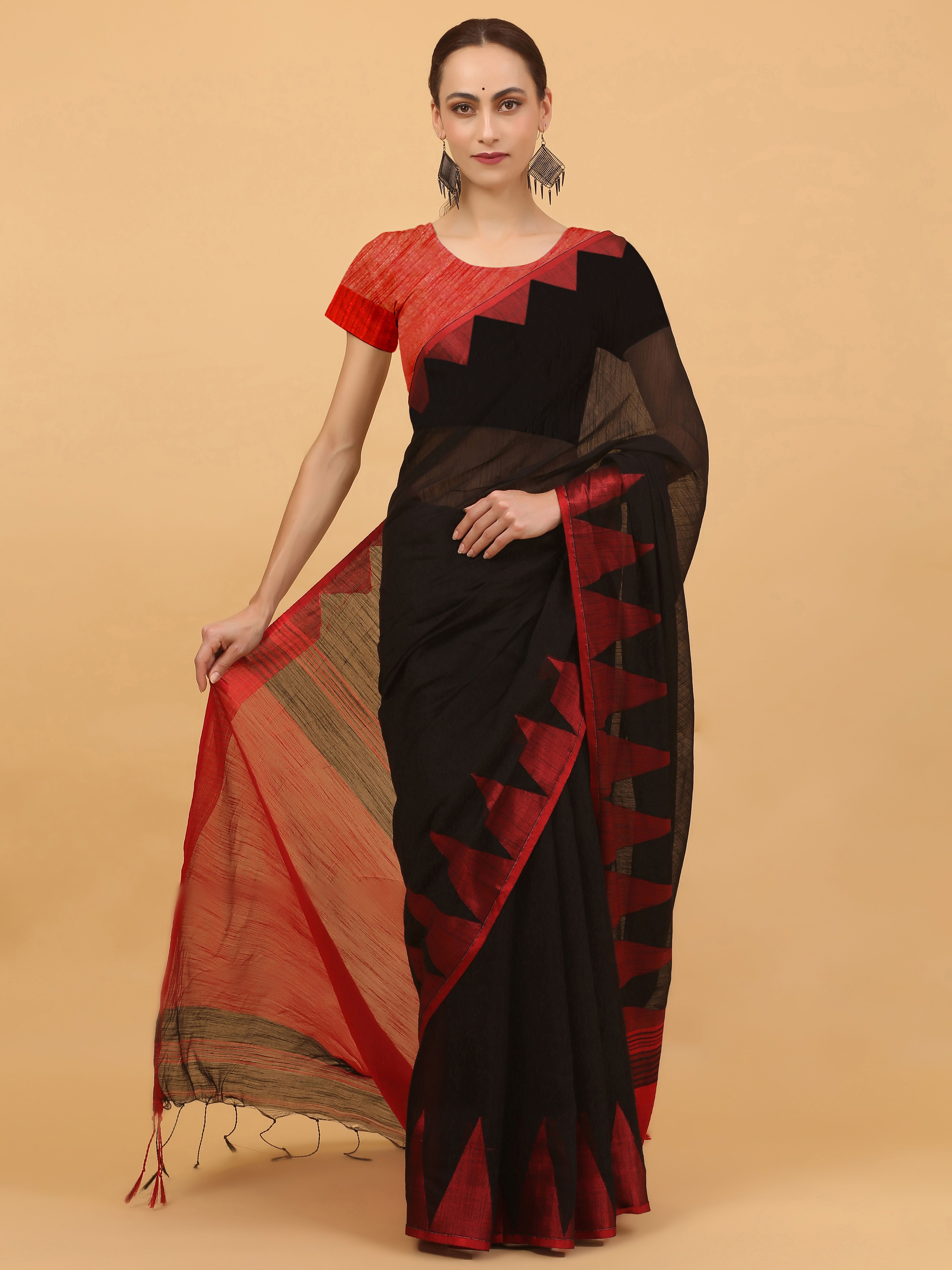 Women’s Black Cotton Saree with Red Border | Soft Handloom Cotton