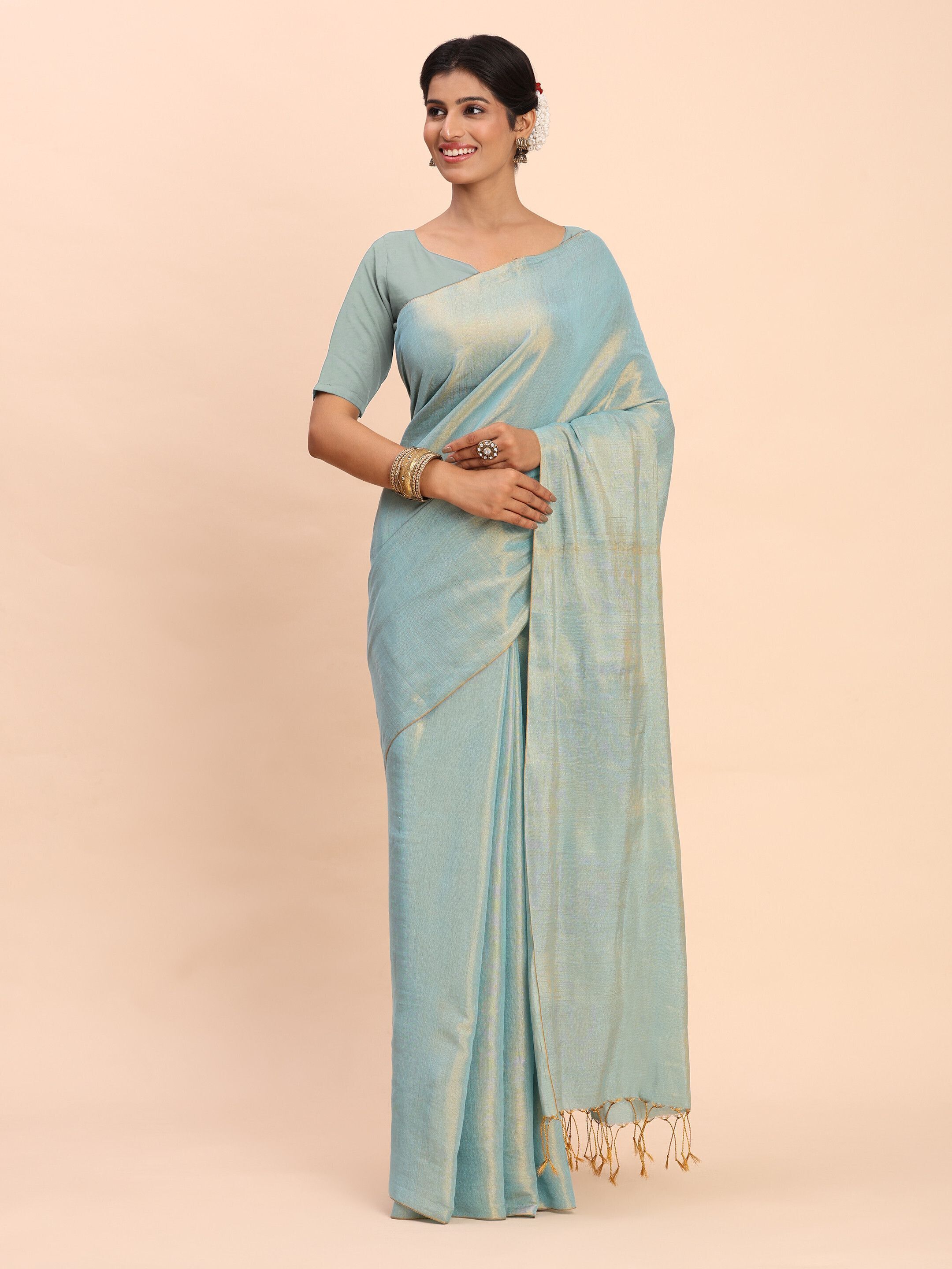 Sea Green & Gold Dual-Tone Handloom Cotton Tissue Saree for Women