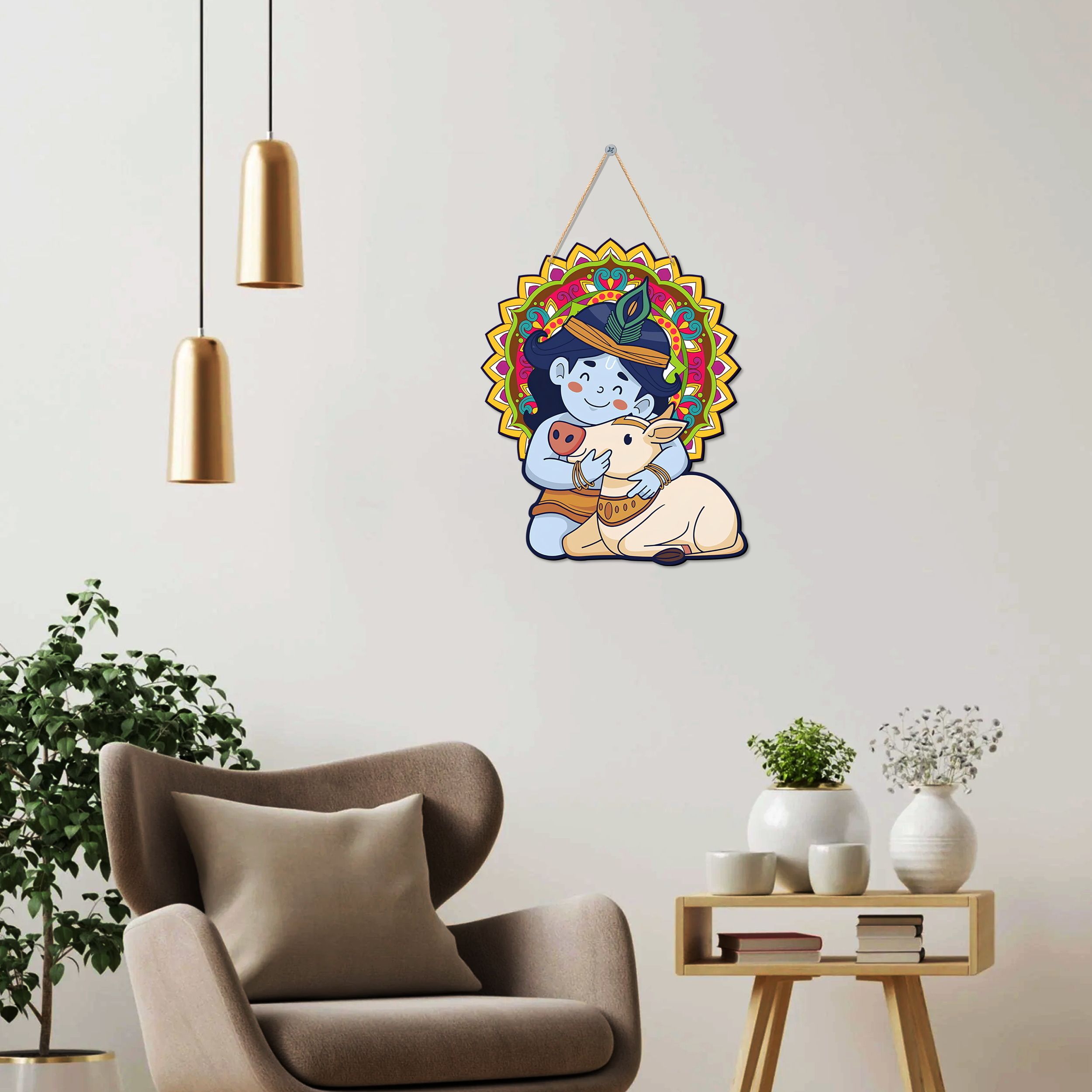 Art Designer Wooden Wall Hanging | Decoration Items Home (Kishan Ji with Cow)