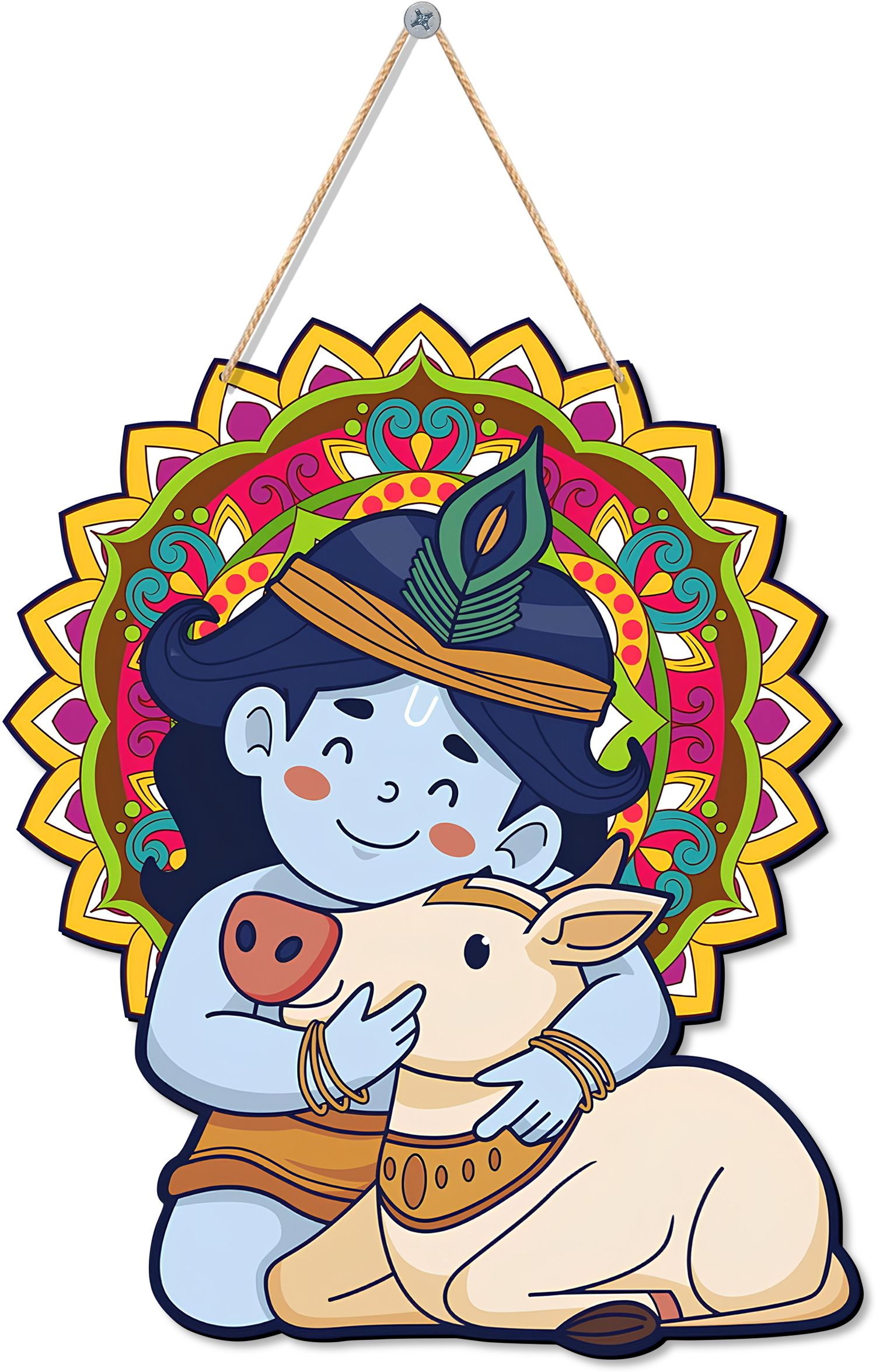 Art Designer Wooden Wall Hanging | Decoration Items Home (Kishan Ji with Cow)