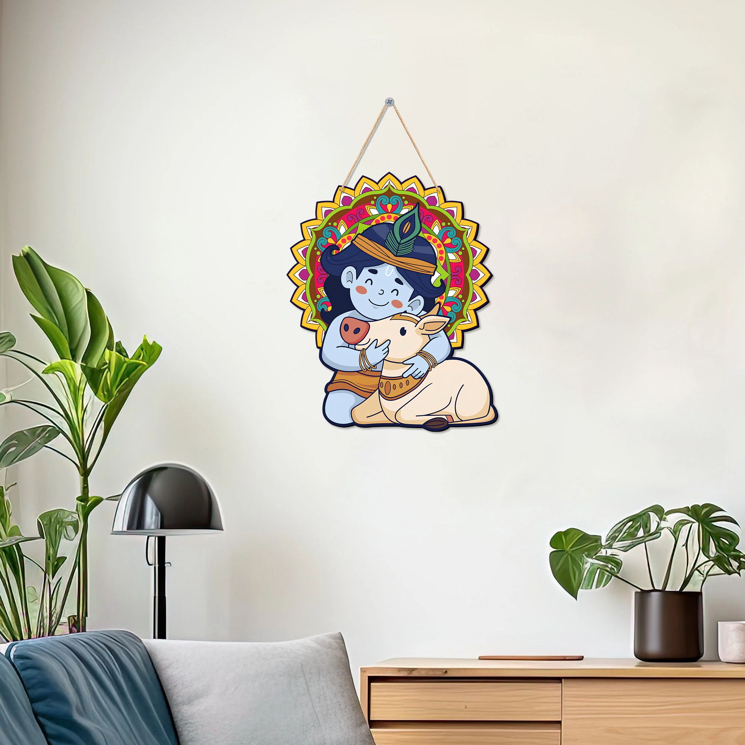Art Designer Wooden Wall Hanging | Decoration Items Home (Kishan Ji with Cow)