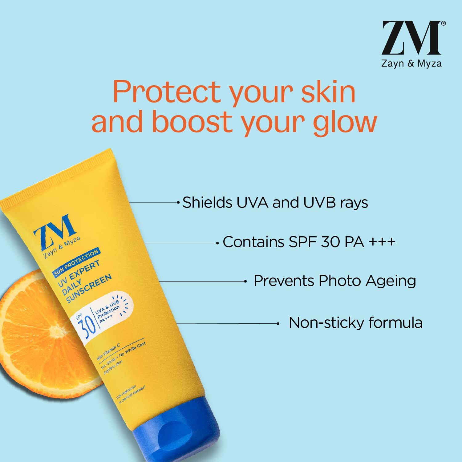 ZM Vitamin C UV Expert Daily Sunscreen SPF 30 PA +++ For Bright & Glowing Skin | UV Protection | For Dull Skin | Non-Greasy, Quick-Absorbing | No White Cast | UVA UVB Sun Protection | Sunscreen For Women & Men - 100 g