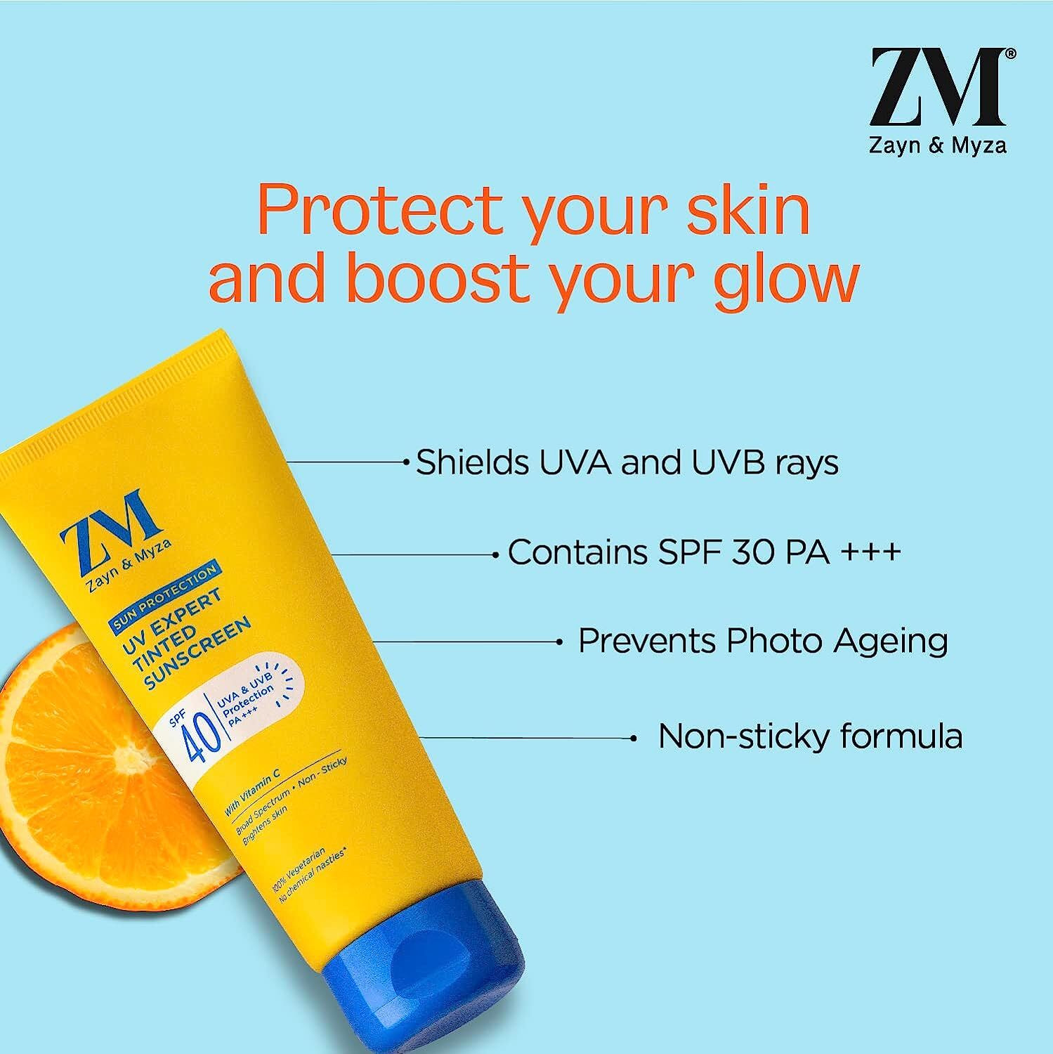 ZM Vitamin C UV Expert Tinted Sunscreen SPF 40, PA +++ For Bright & Glowing Skin | UV Protection | For Dull Skin | Non-Greasy, Quick-Absorbing | No White Cast | UVA UVB Sun Protection | Sunscreen For Women & Men - 100 g