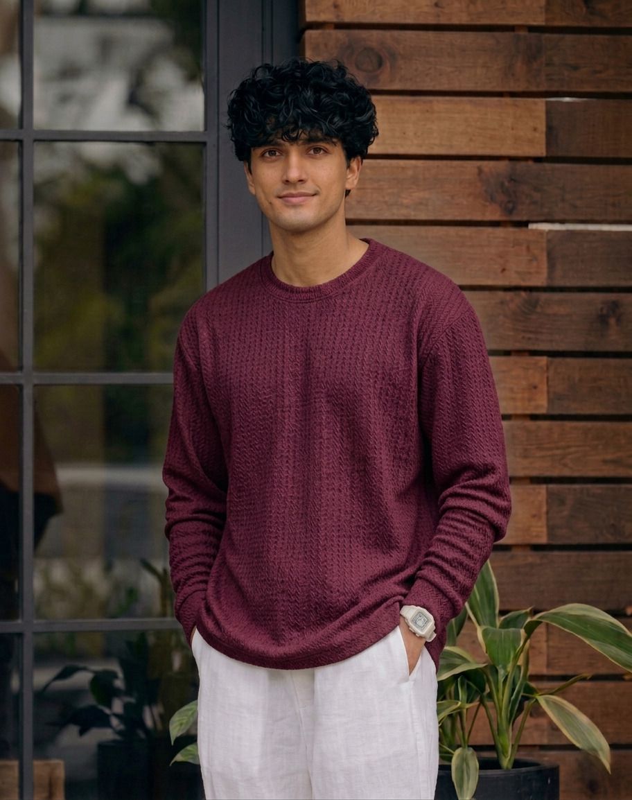 Men Full Sleeve Texture Round Neck Tshirt For Men - Wine
