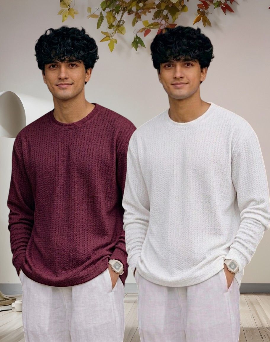 Men Full Sleeve Set of 02 Texture Round Neck Tshirt For Men - Wine Wht