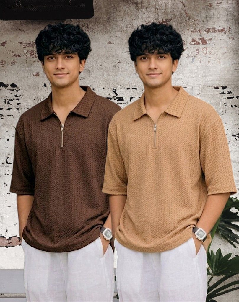 Men Full Sleeve Set of 02 Texture Polo Neck Half Tshirt For Men - Brn Beige