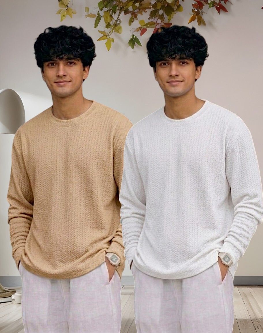 Men Full Sleeve Set of 02 Texture Round Neck Tshirt For Men - Beige Wht