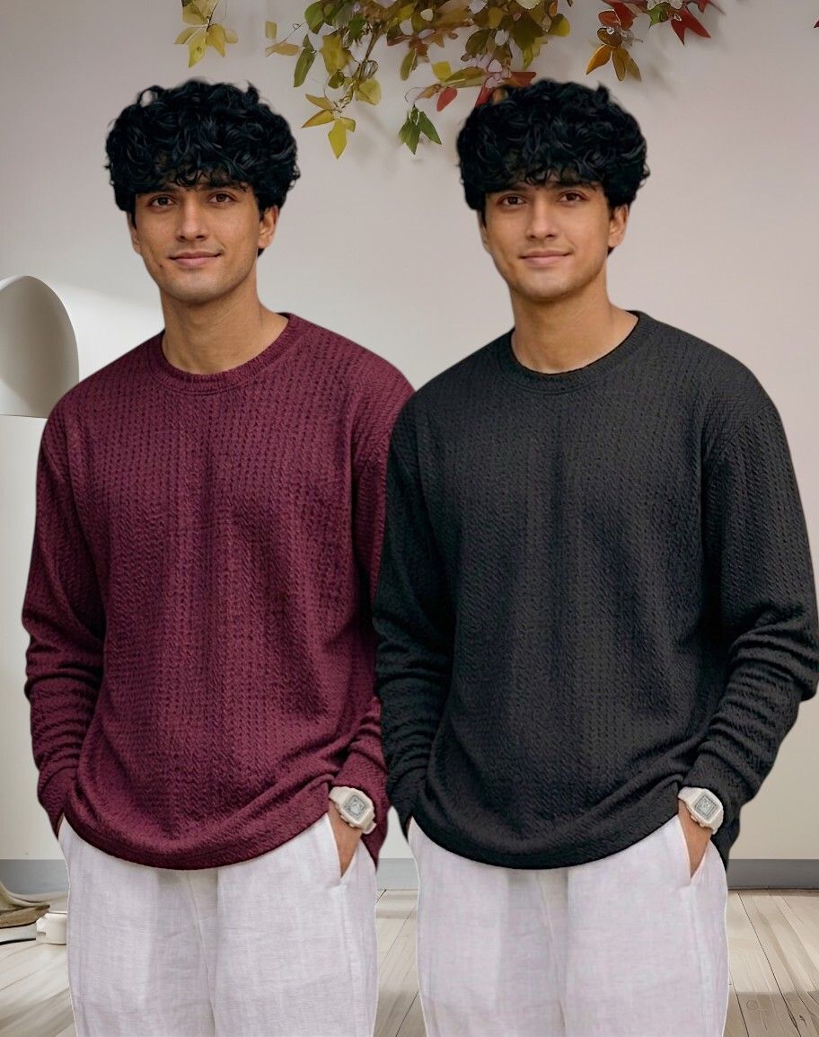 Men Full Sleeve Set of 02 Texture Round Neck Tshirt For Men - Wine Blk