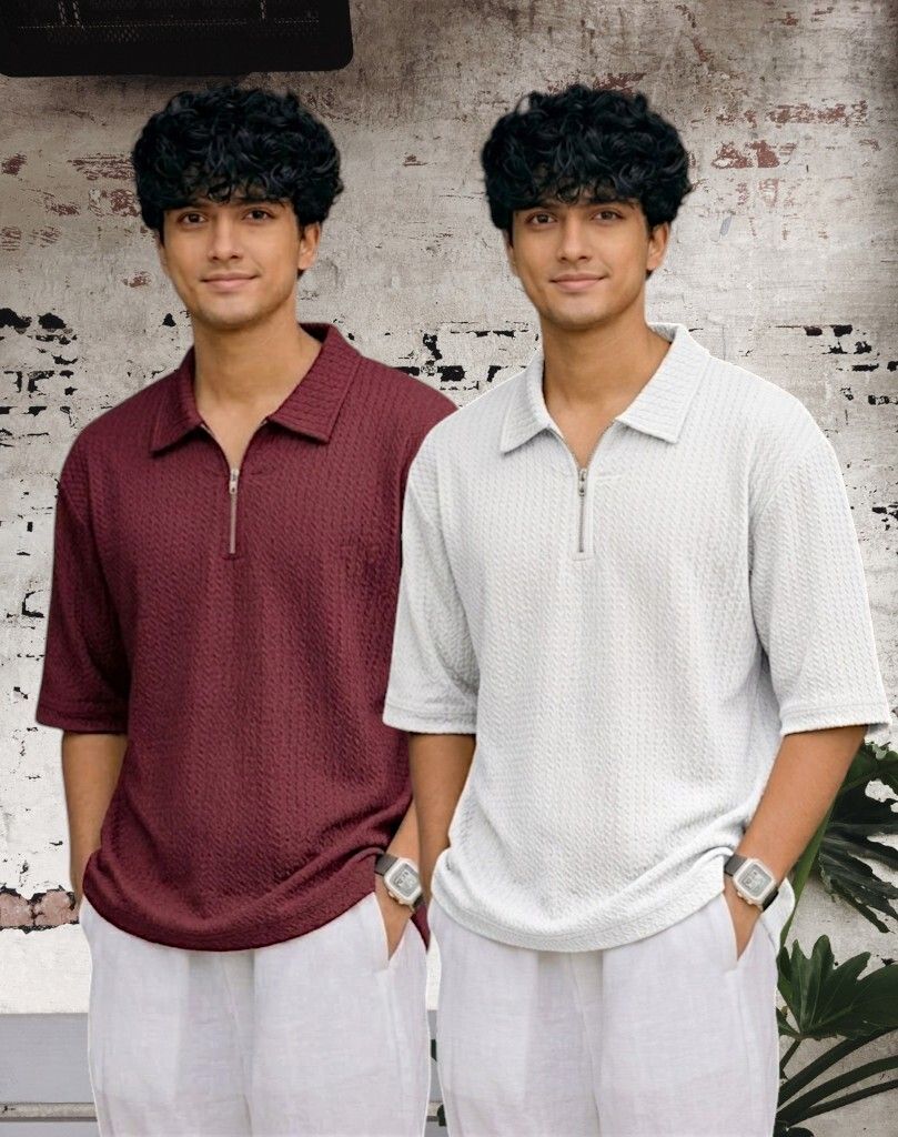 Men Full Sleeve Set of 02 Texture Polo Neck Half Tshirt For Men - Wine White