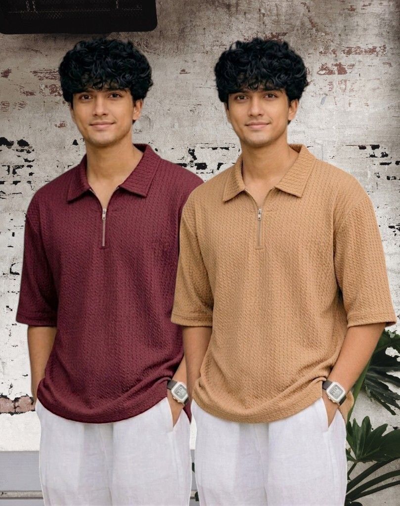 Men Full Sleeve Set of 02 Texture Polo Neck Half Tshirt For Men - Wine Beige