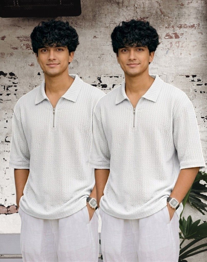 Men Full Sleeve Set of 02 Texture Polo Neck Half Tshirt For Men - Wht