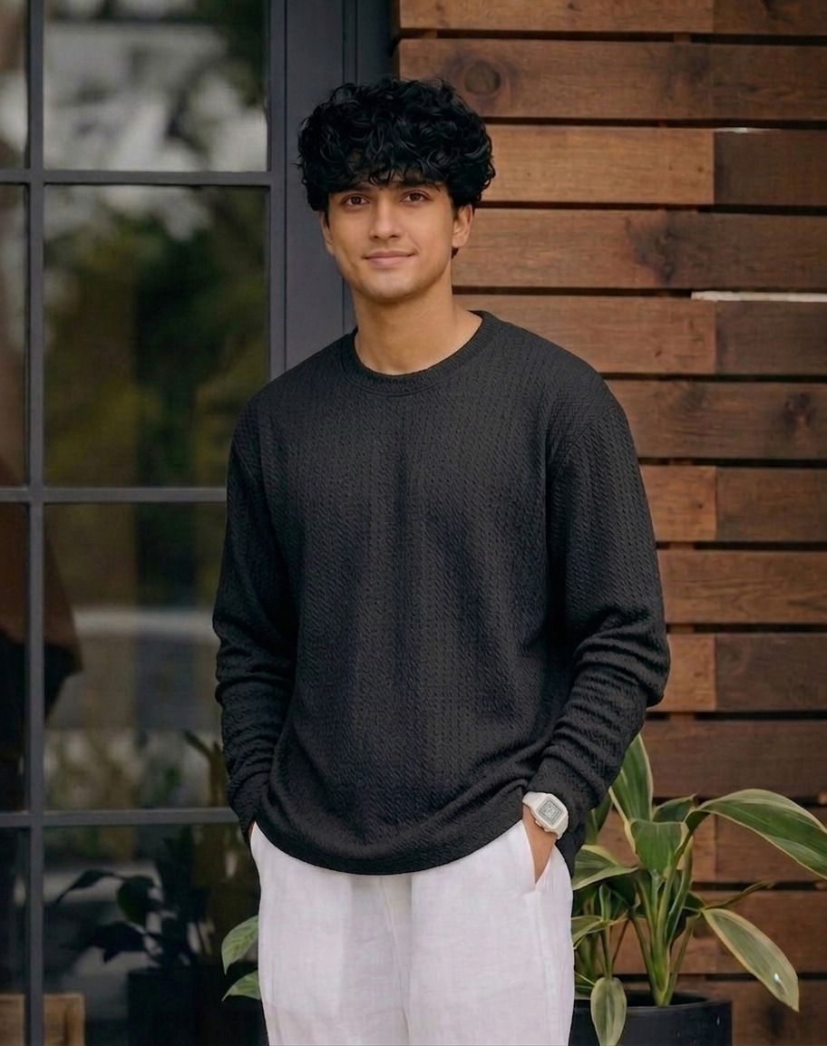 Men Full Sleeve Texture Round Neck Tshirt For Men - Black