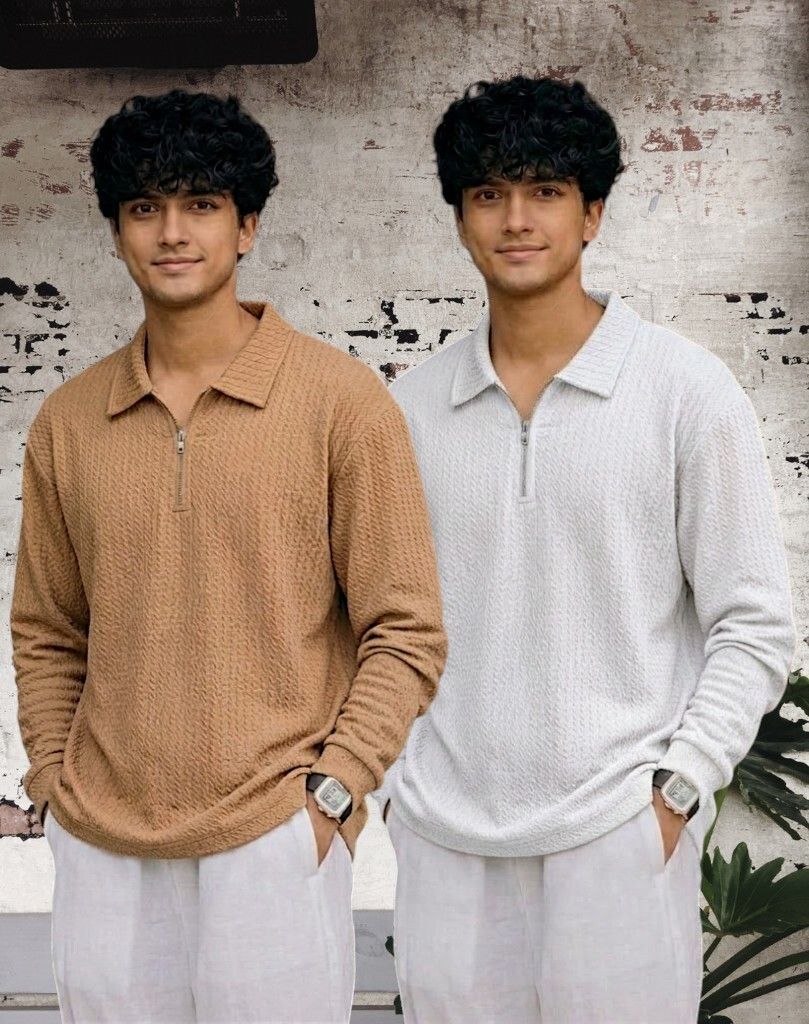 Men Full Sleeve Set of 02 Texture Polo Neck Full Tshirt For Men - Beige Wht
