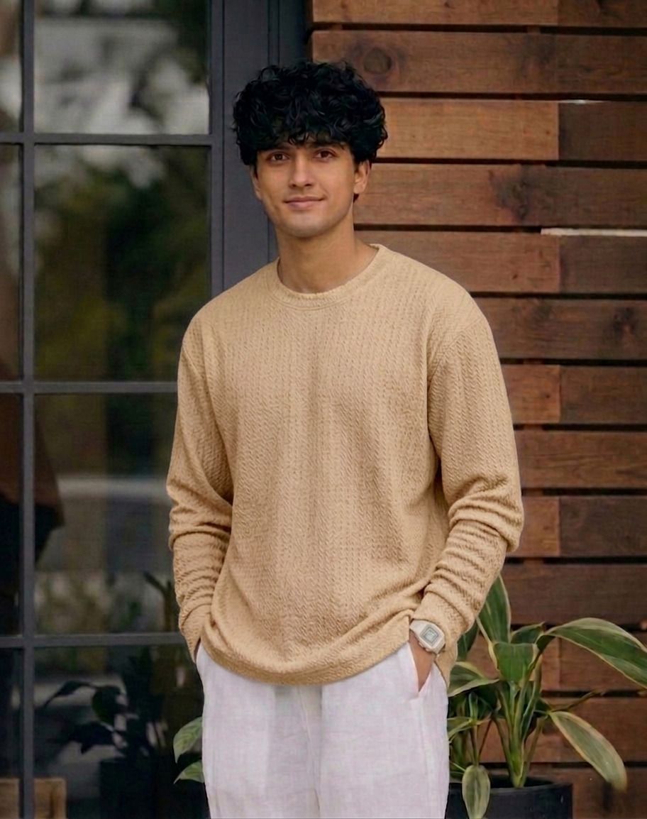 Men Full Sleeve Texture Round Neck Tshirt For Men - Beige