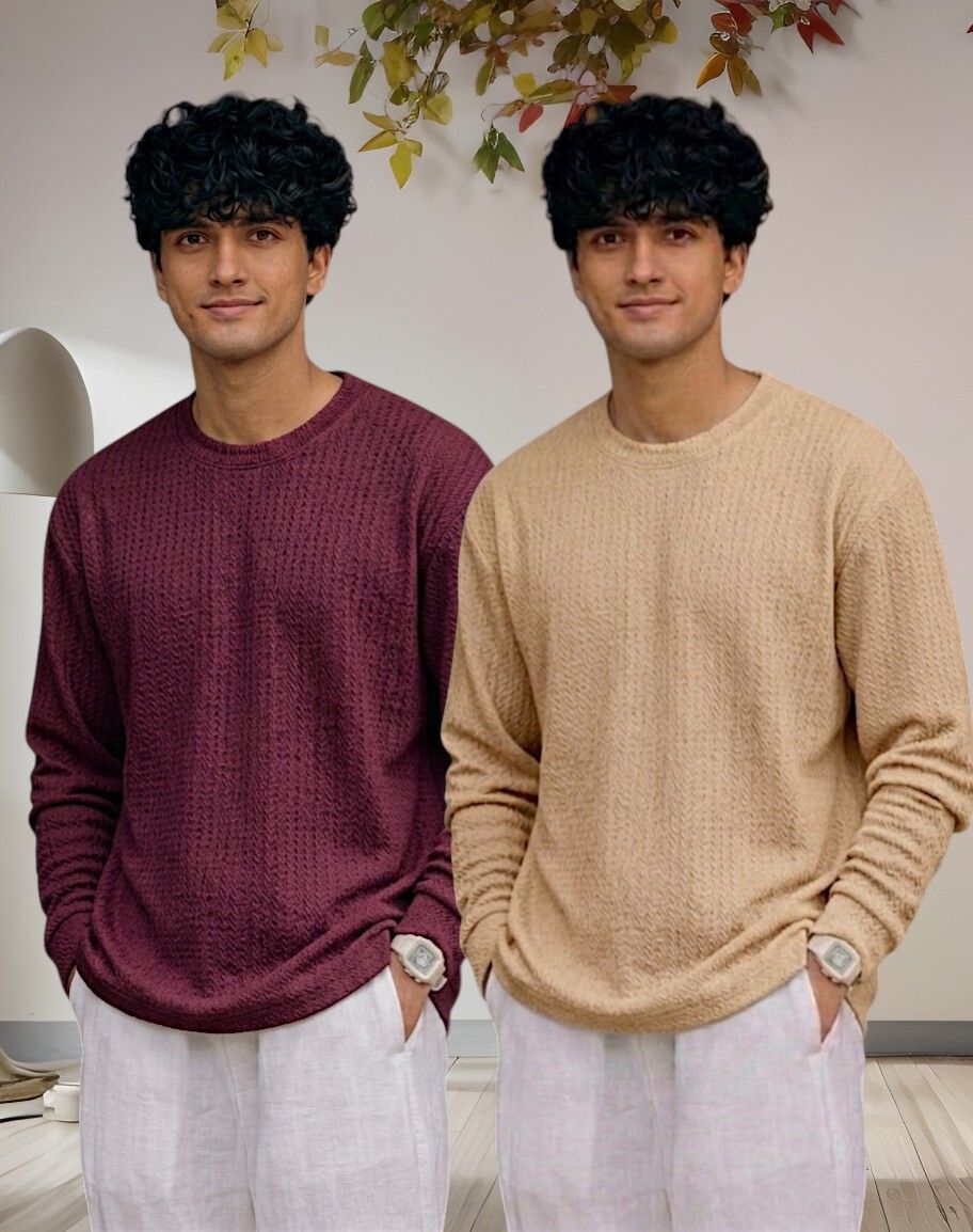 Men Full Sleeve Set of 02 Texture Round Neck Tshirt For Men - Wine Beige