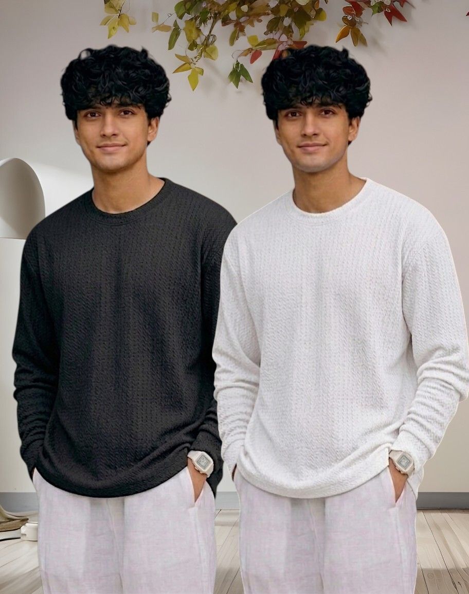 Men Full Sleeve Set of 02 Texture Round Neck Tshirt For Men - Blk Wht