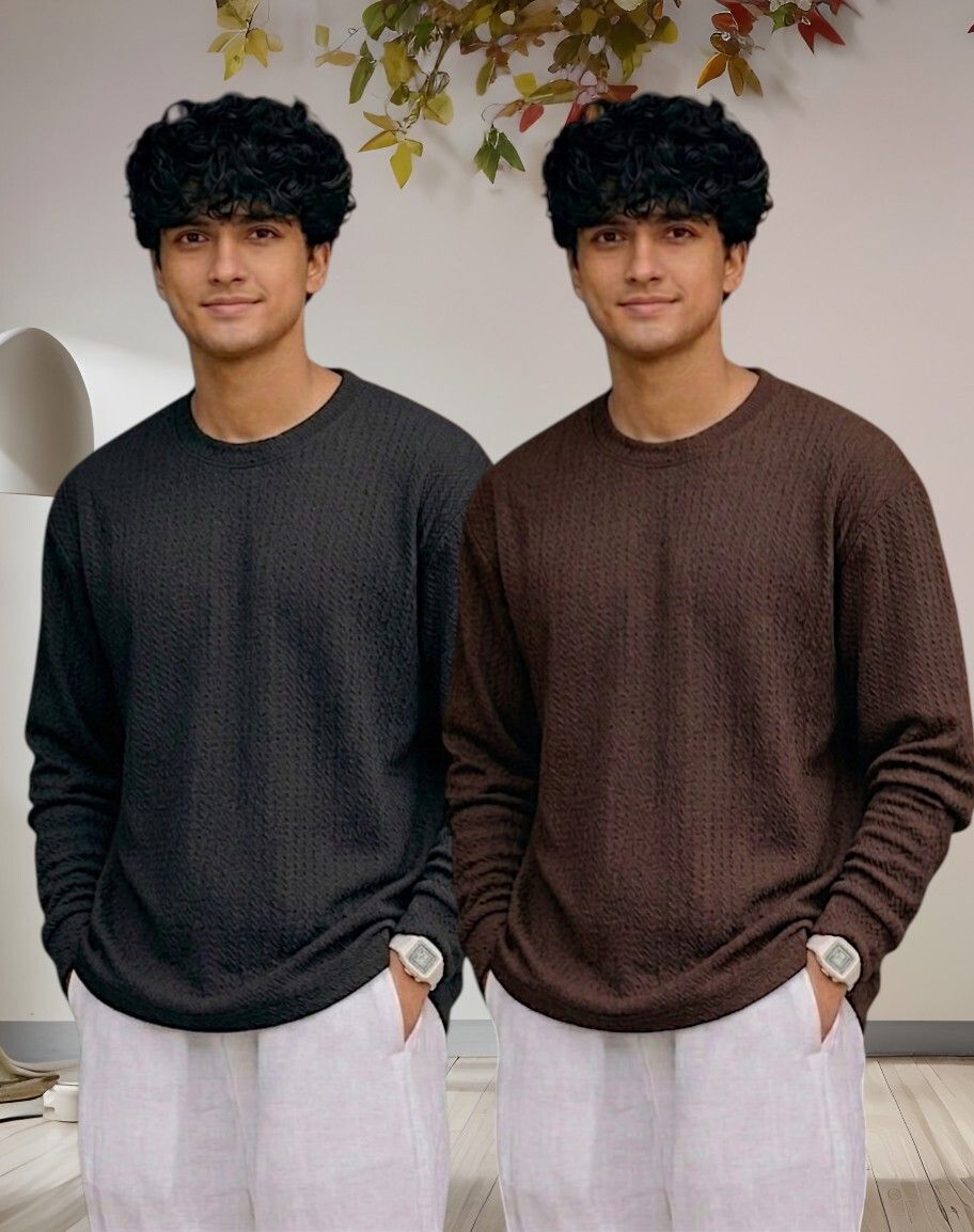 Men Full Sleeve Set of 02 Texture Round Neck Tshirt For Men - Blk Brn