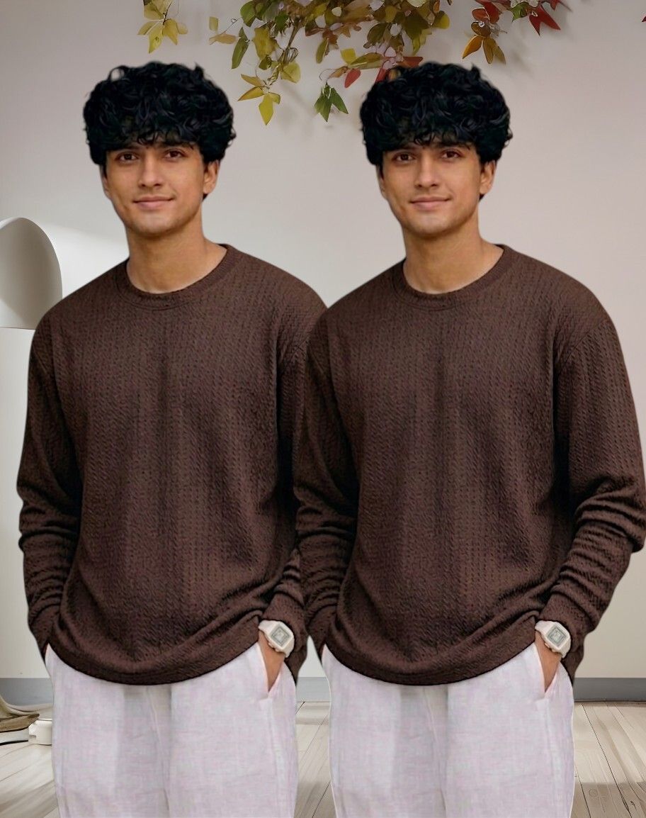 Men Full Sleeve Set of 02 Texture Round Neck Tshirt For Men - Brown