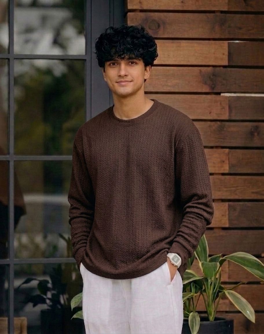 Men Full Sleeve Texture Round Neck Tshirt For Men - Brown